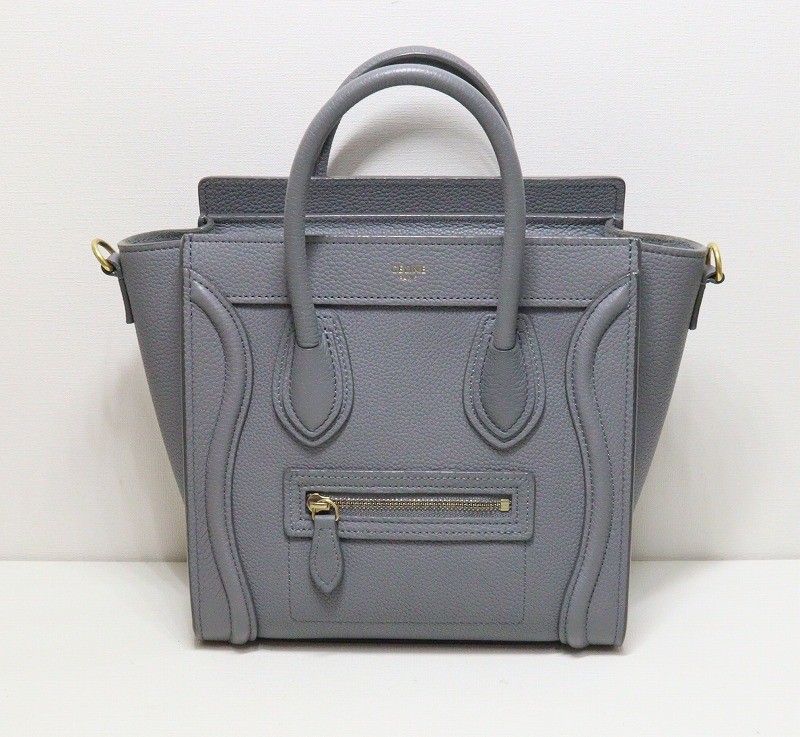 CELINE Nano Luggage Shopper Gray Calfskin 2Way Shoulder Bag Gold Hardware