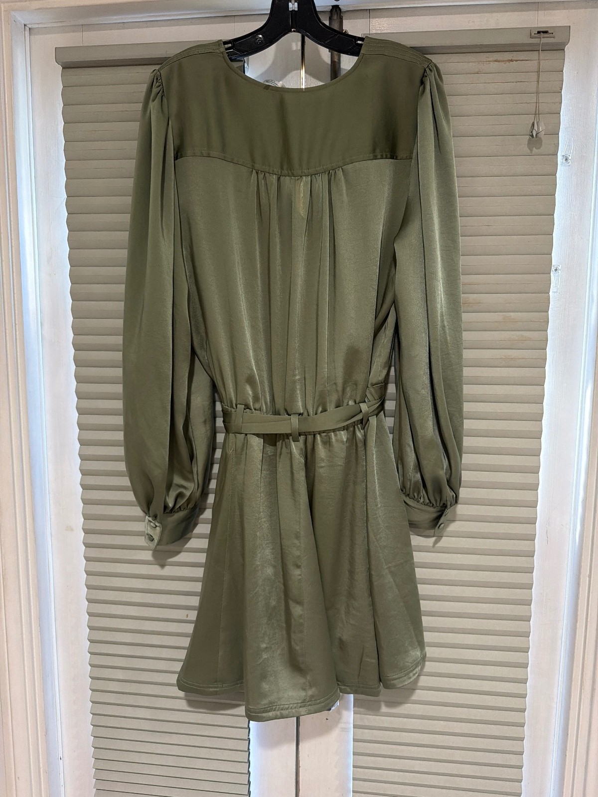 Ramy Brook Olive Green Satin Long Sleeve Dress with Tie Waist, Size XL
