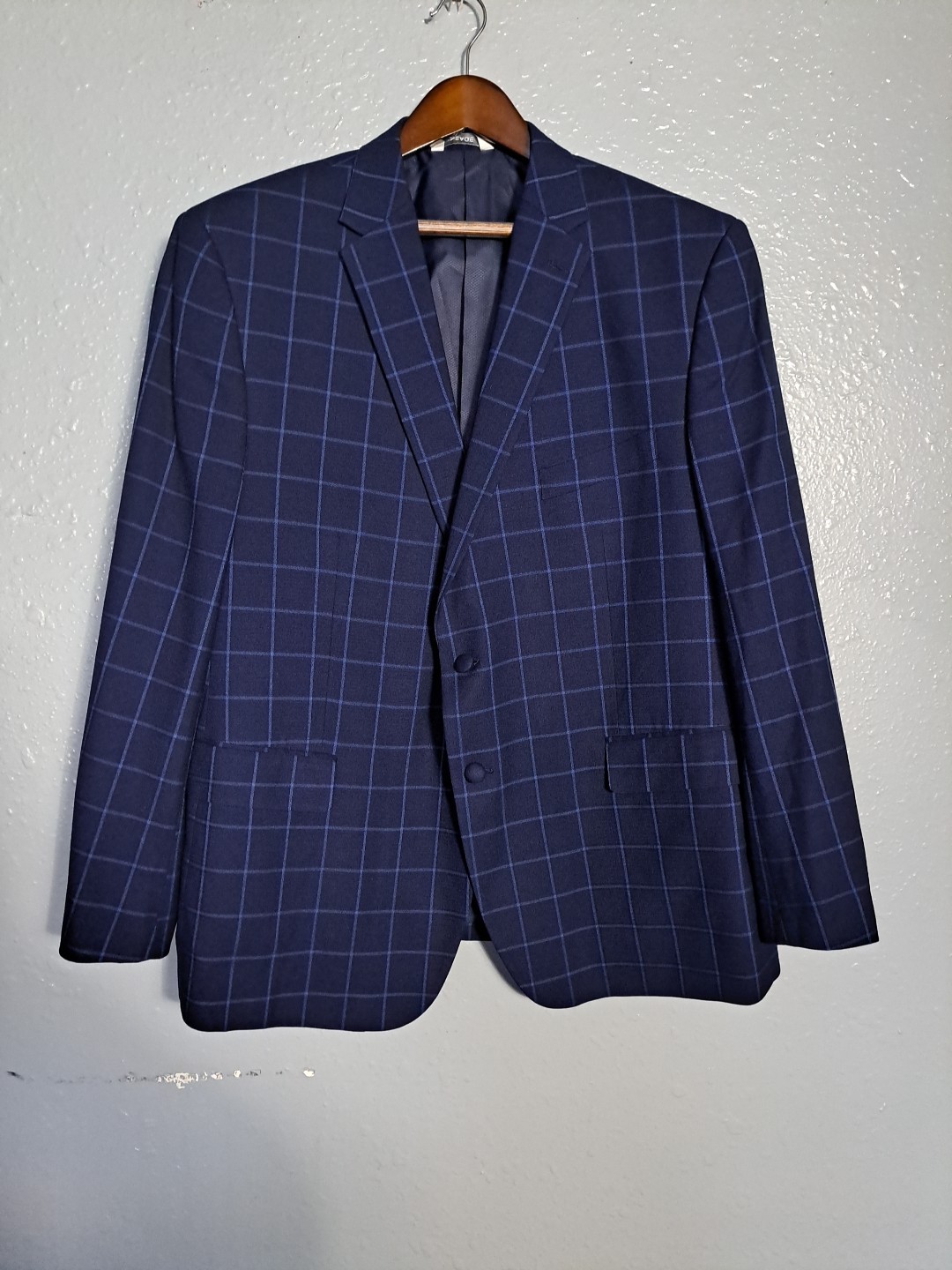 Lineage Performance Stretch Fabric Blue Windowpane 2pc Suit Mens 50R Pants W44
