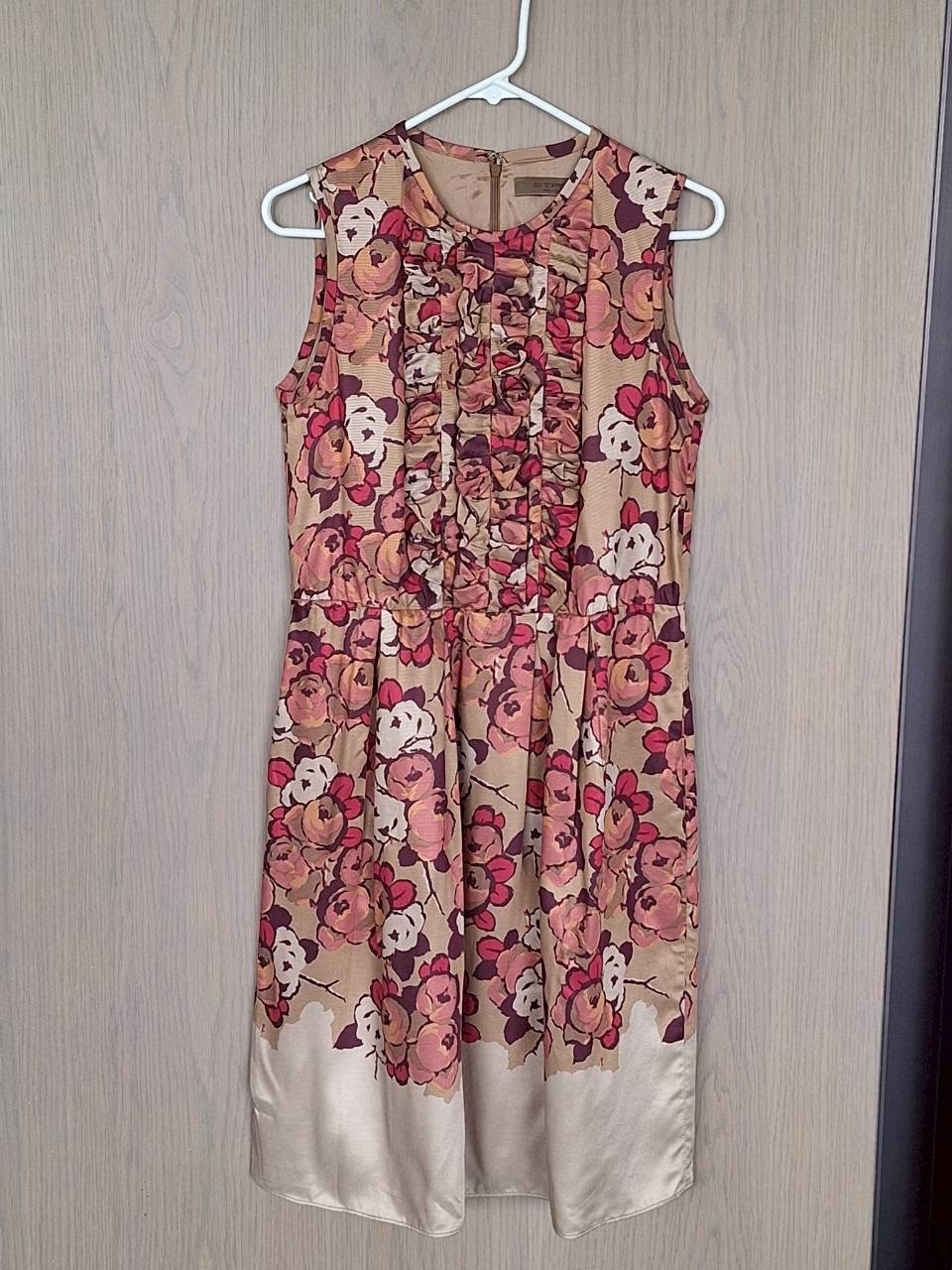 Etro Silk Wool Blend Tan Pink Floral Sleeveless Dress size 42