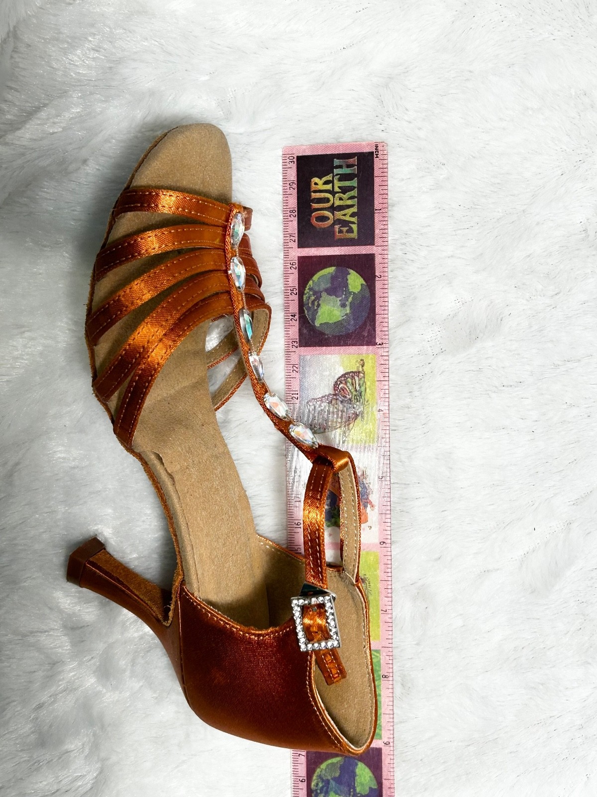 WOMENS DANCE SHOES OPEN TOE, HEELS, COPPER WITH RHINESTONES, SIZE 5.5 NO BRAND