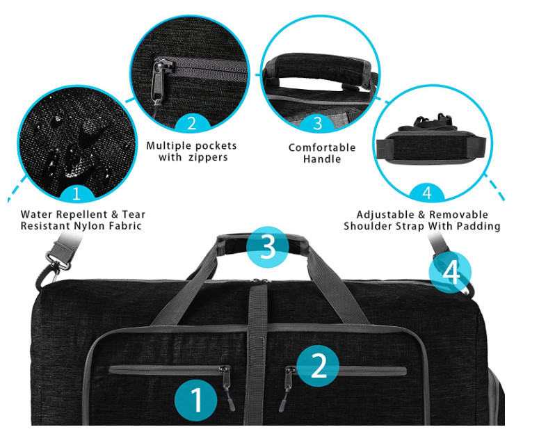 Travel Duffle Bag 85L Black, Foldable, with Shoes Compartment, Best sale