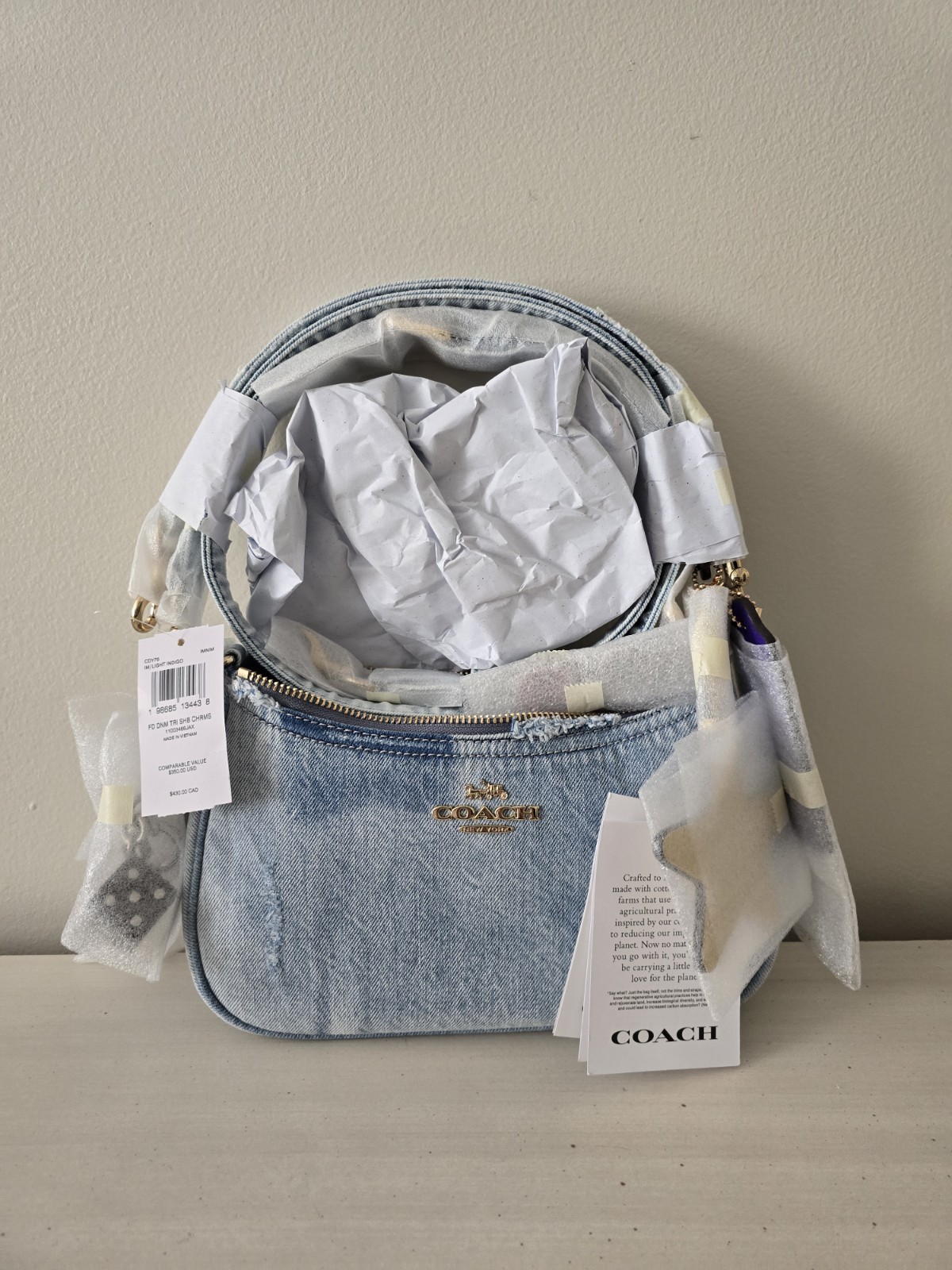 Coach CDY76 Teri Shoulder Bag In Loved Denim With Charms Light Indigo NWT