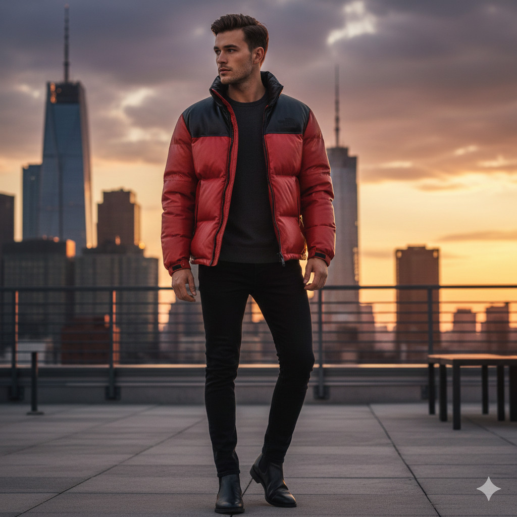 Men’s Genuine Sheepskin Leather Puffer Jacket Red/Black Winter Warm Coat All Siz