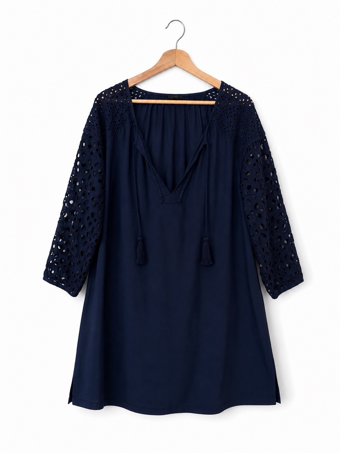 J.Crew Blue Eyelet Lace V-Neck 3/4 Sleeve Tunic Blouse Women’s XL