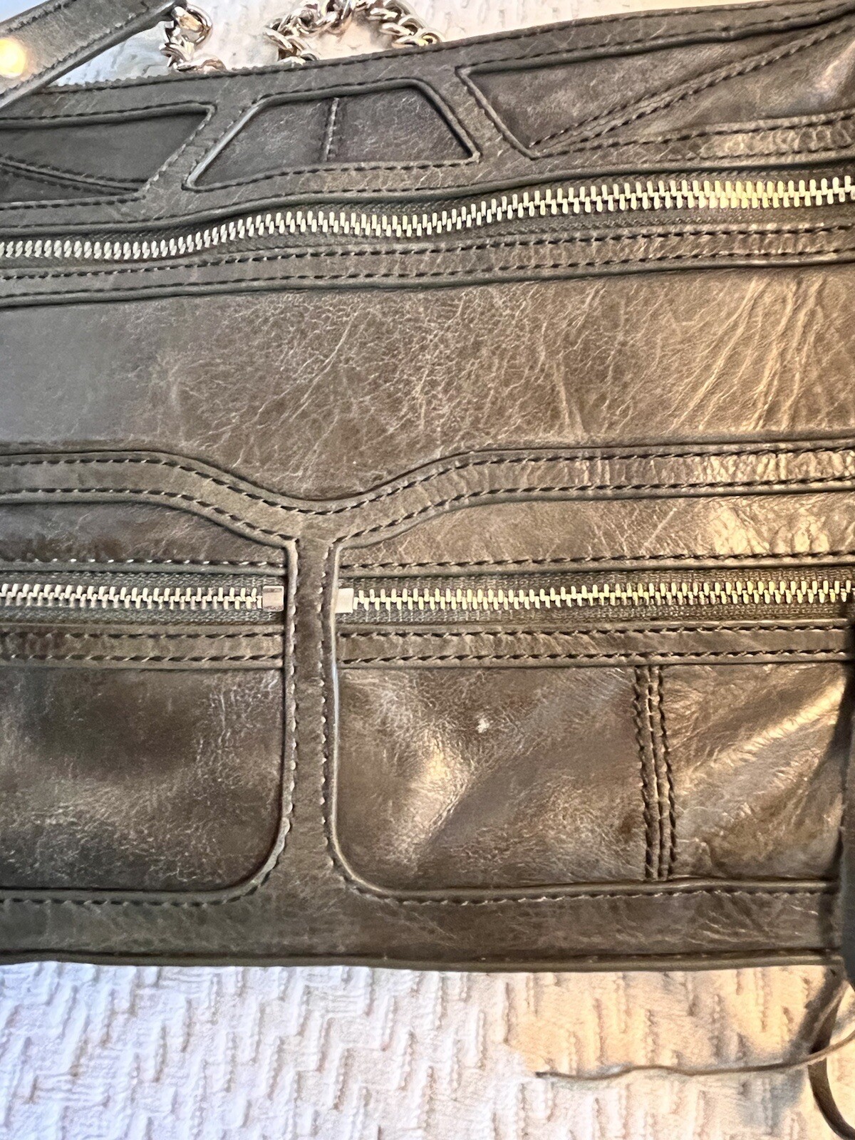 Rebecca Minkoff Tri Zip Mac Crossbody Bag Distressed Leather Kiwi Excellent