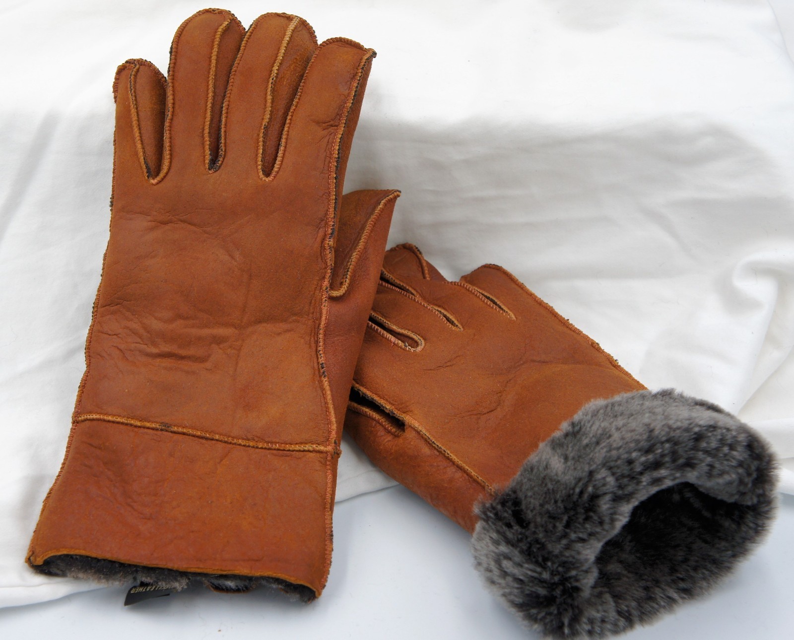 REAL GENUINE SHEEPSKIN SHEARLING LEATHER GLOVES UNISEX, COGNAC BROWN / ASH S-2XL