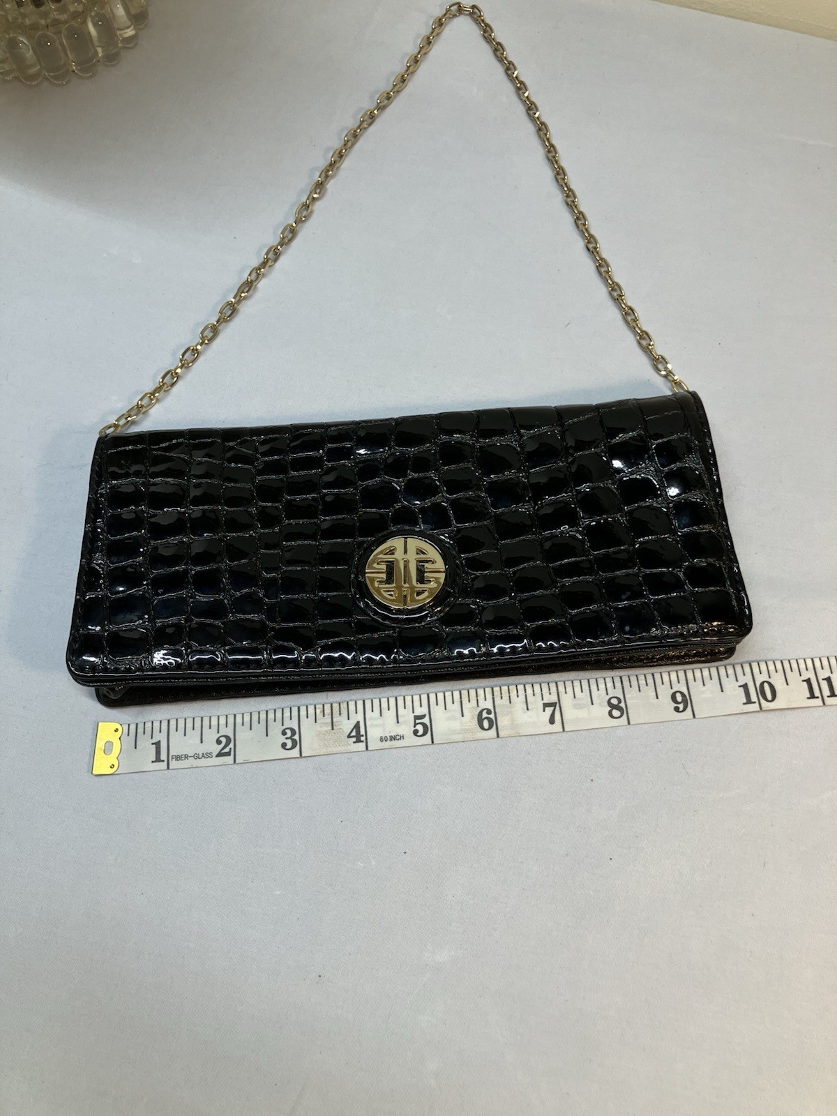 Y2K Antonio Melani Black Patent Leather Clutch bag Crocodile Embossed Gold Chain