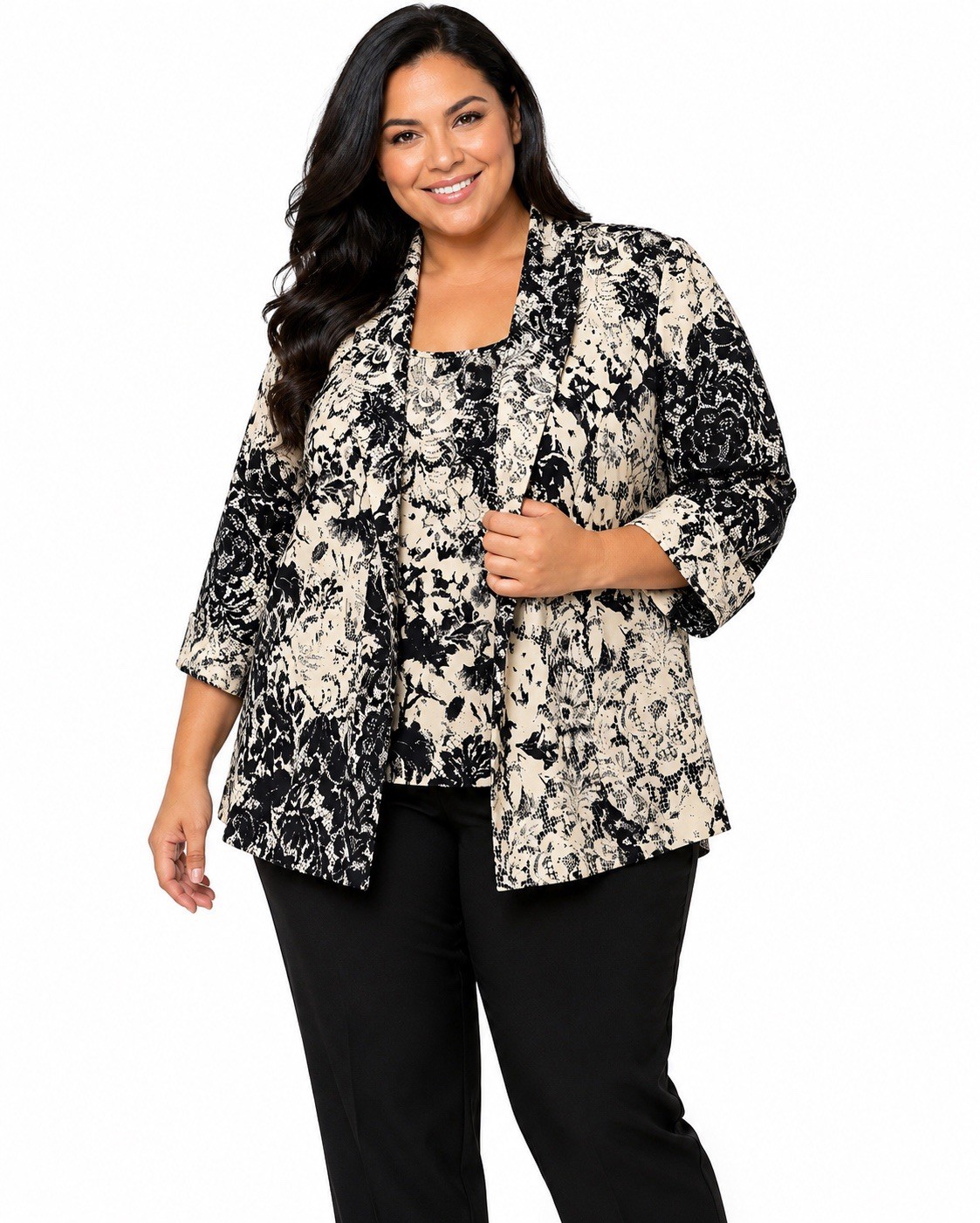 Alex Evenings 2 Pc Twin Set Jacket & Shell Top 1X Black Ivory Lace Effect