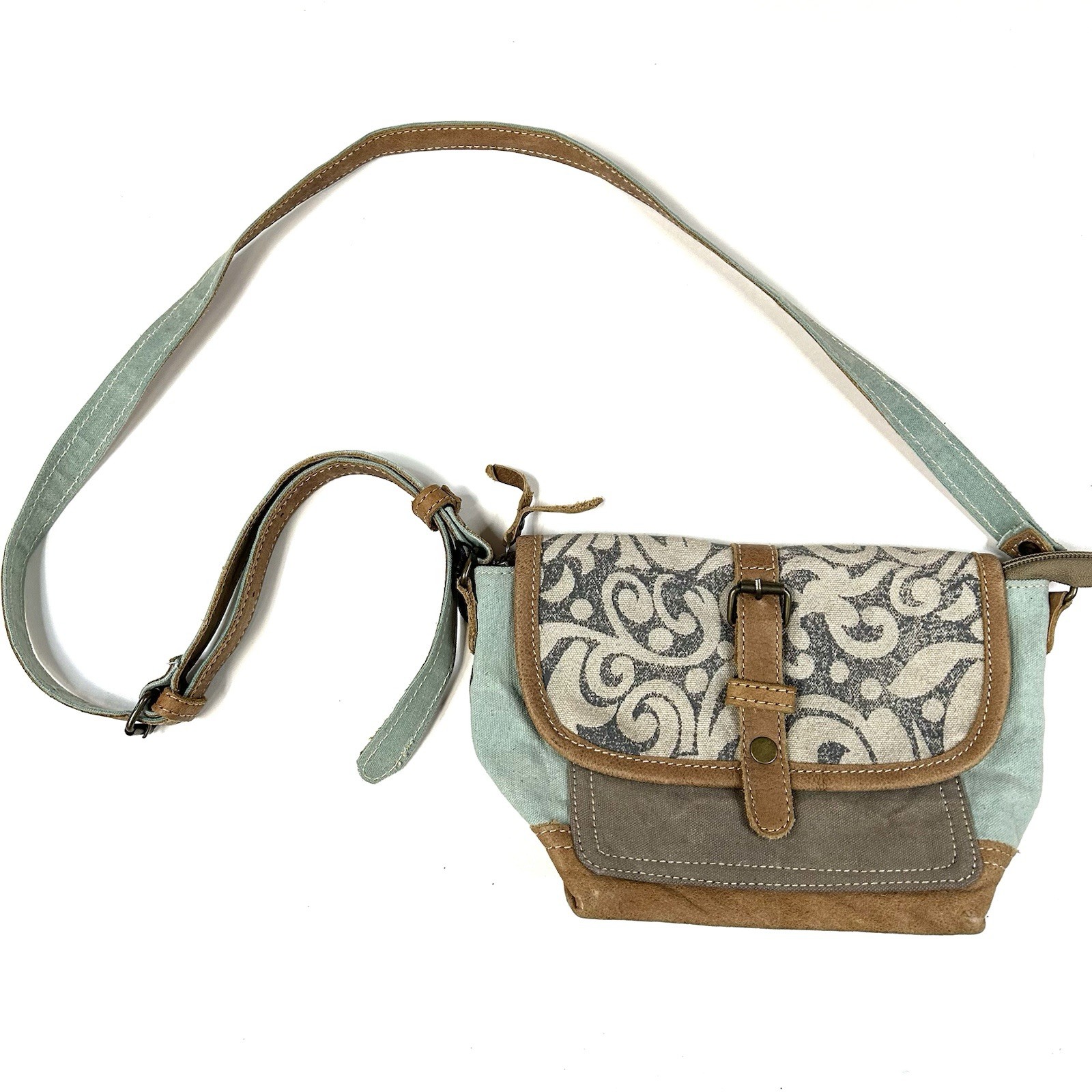 NEW Myra Bag Crossbody Bag Small Canvas Leather Blue Brown Flap #1246