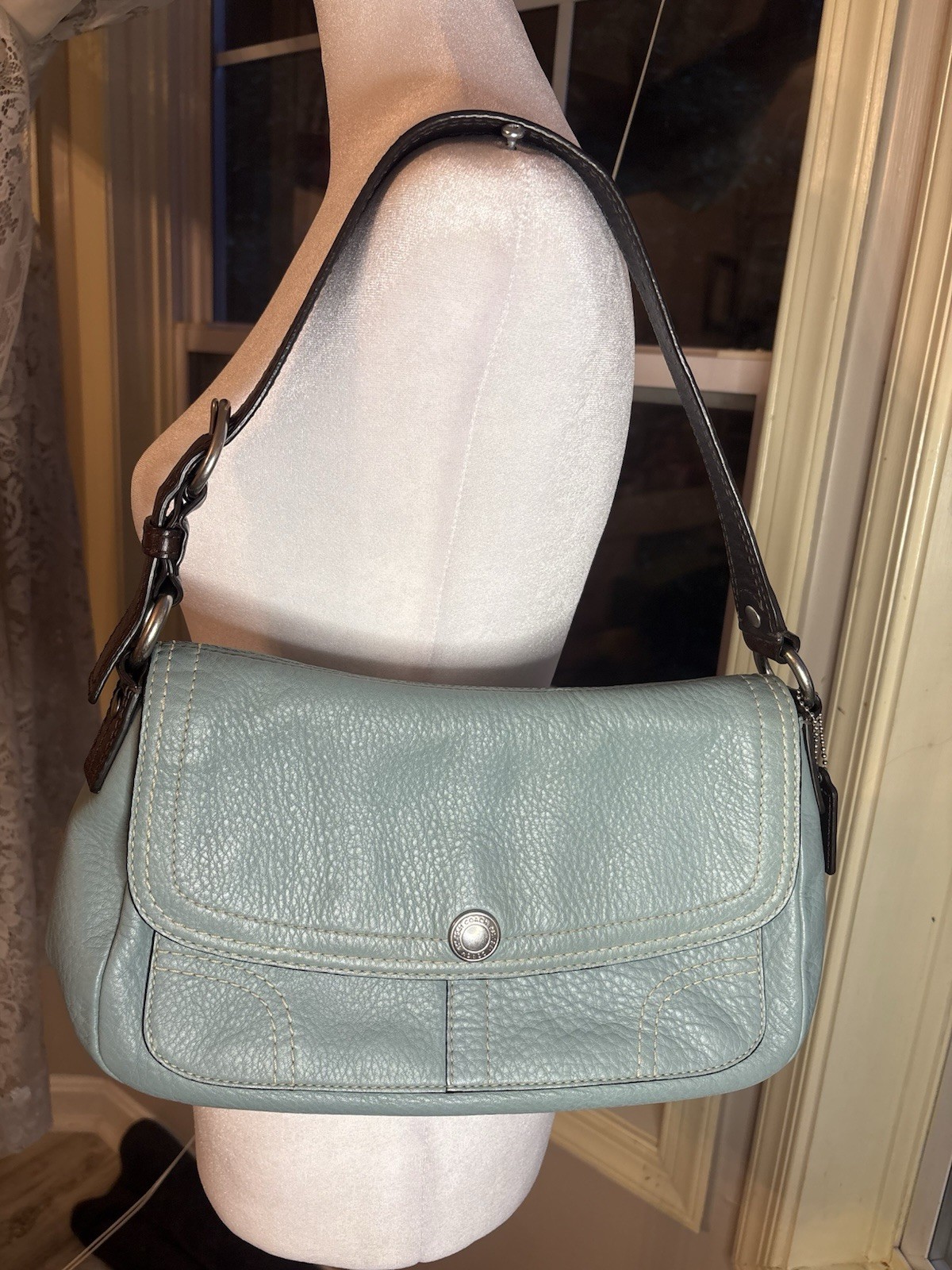 Coach Light Blue Pebbled Flap Shoulder Bag Snap Closure Brown Strap