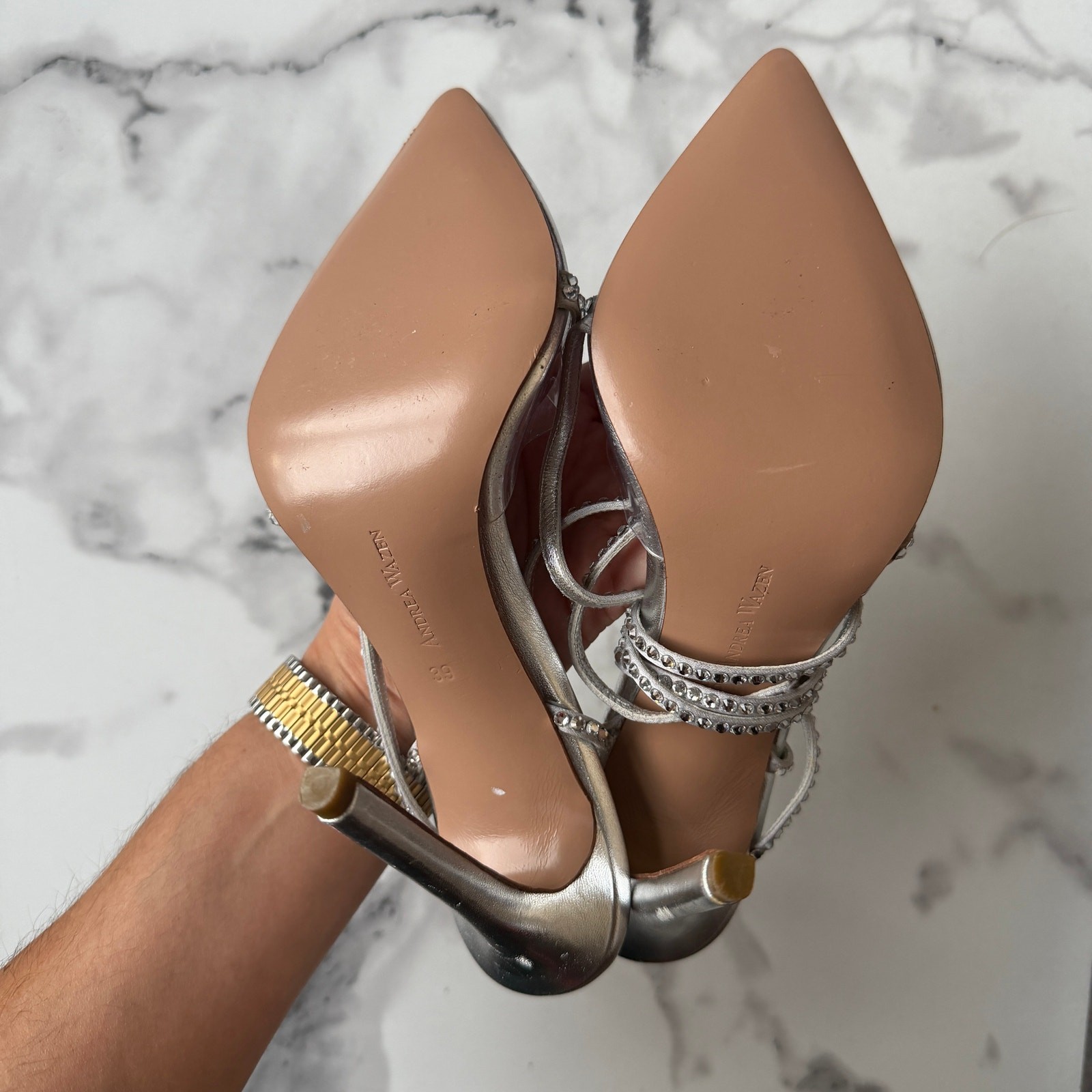Andrea Wazen Dassy Sunset Crystal Metallic Strappy Pumps NEW Size 39