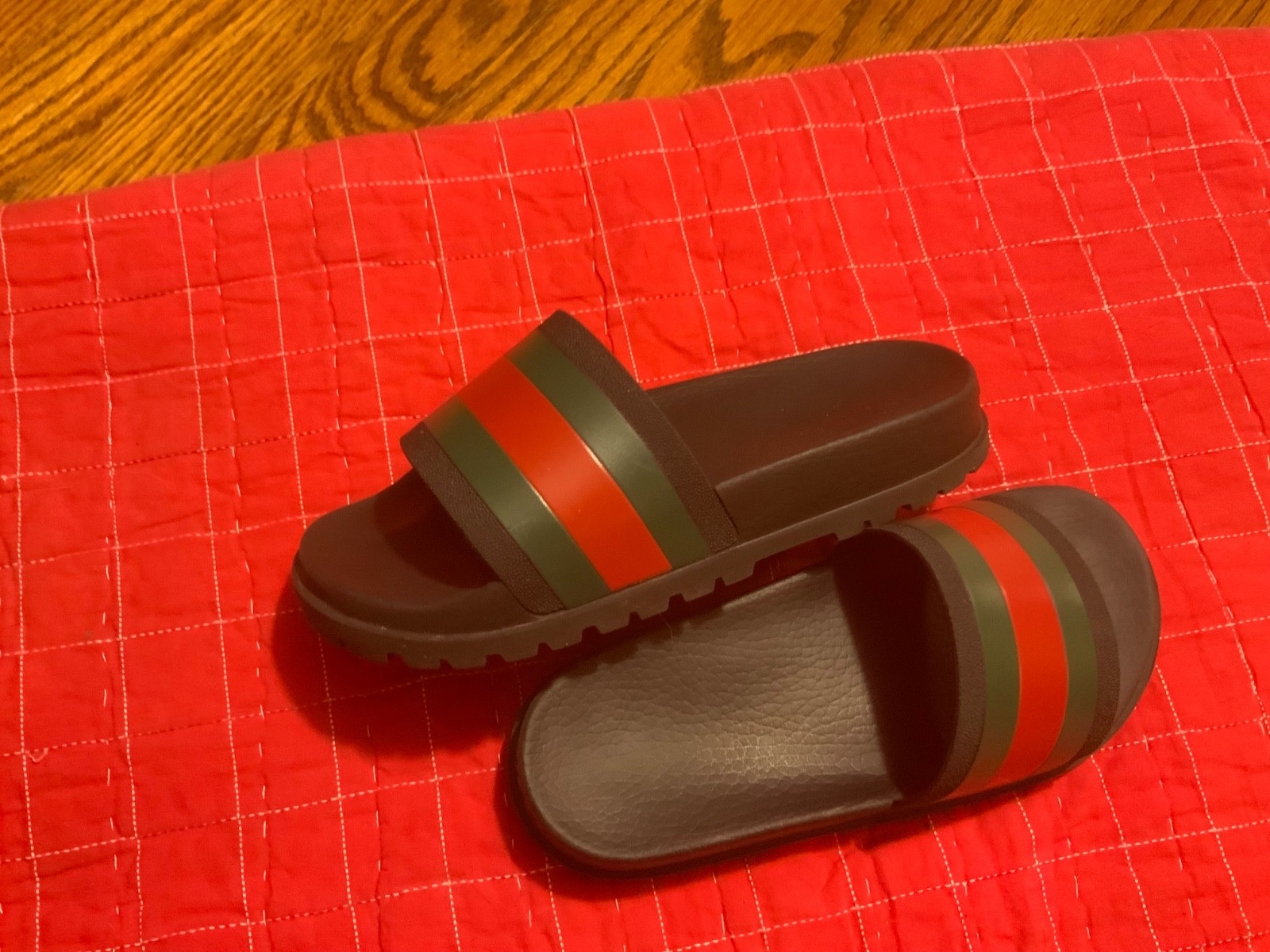 Gucci Signature Web Slide Sandals Black Red Green Leather Men’s Size 7/7.5
