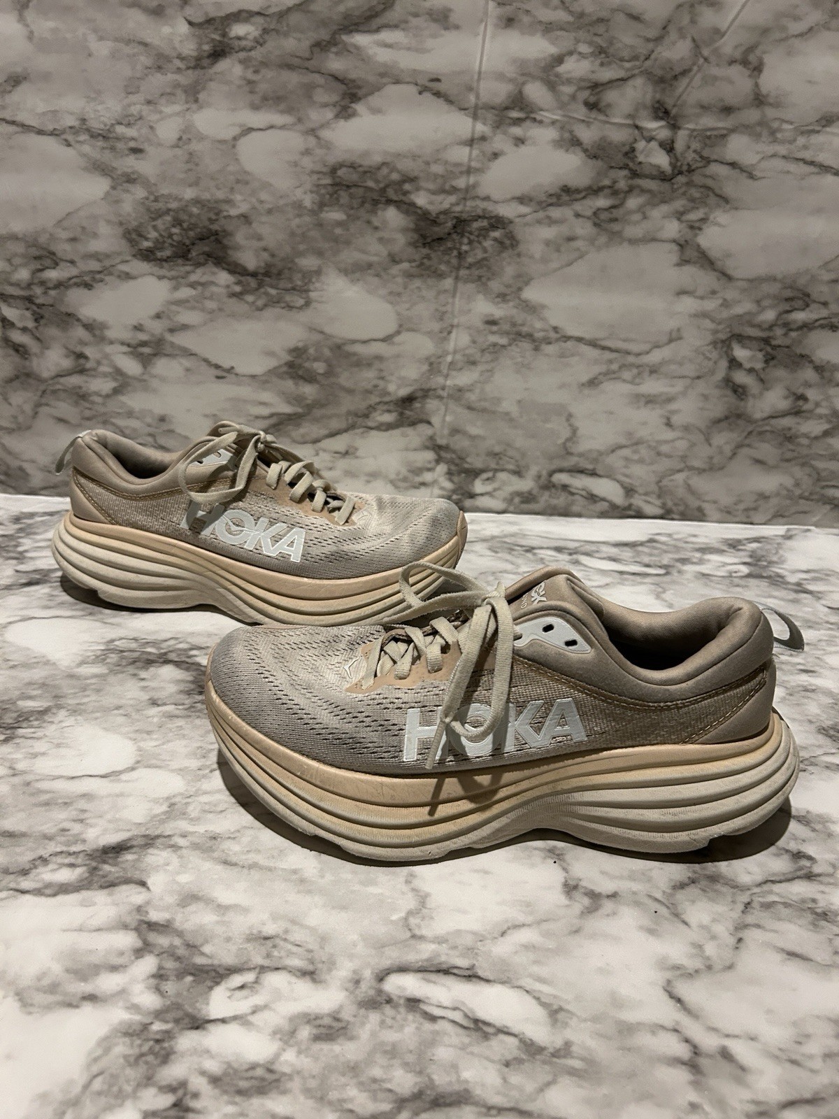 Hoka Bondi 8 Shoes Womens 7 B Off White Shifting Sand Running Walking Gym