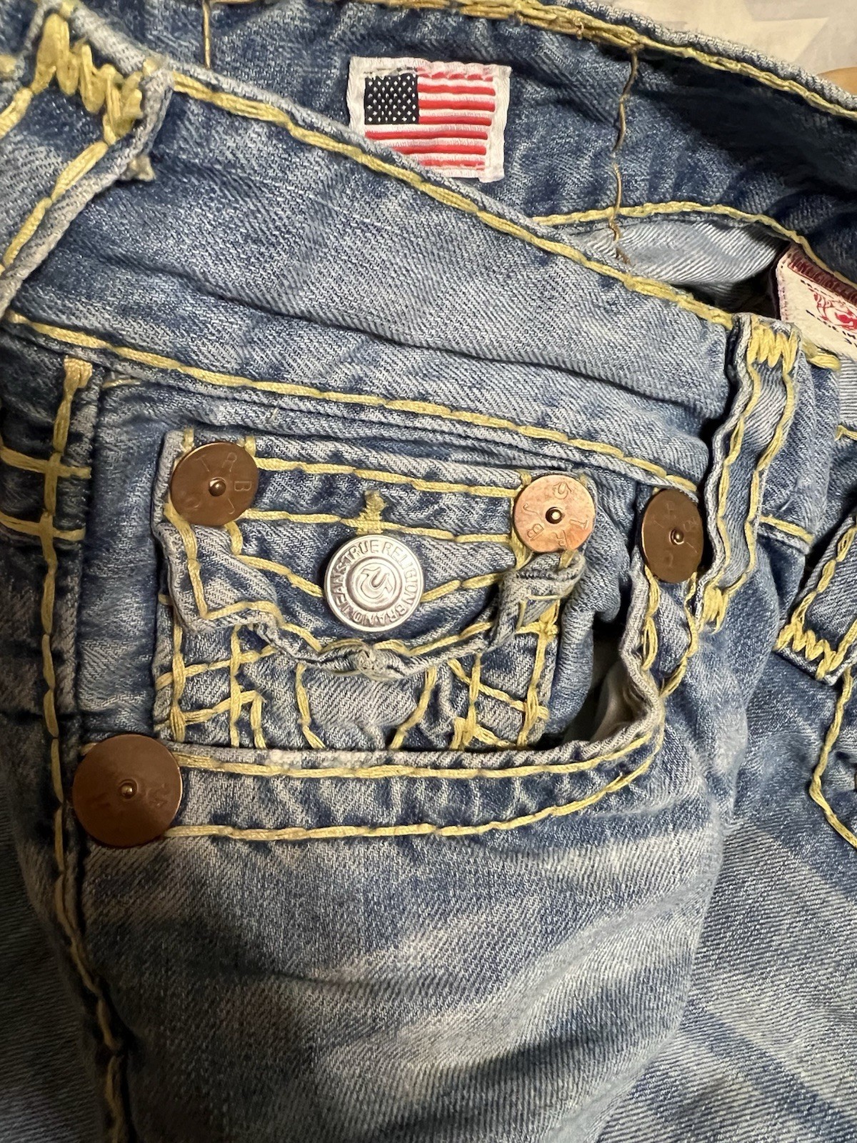 True Religion Ricky Super T Straight Leg Jeans Big Stitch Flap Pockets Size 32