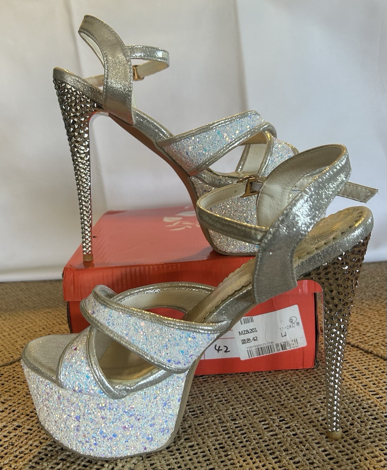 Women’s Silver Glitter Synthetic Open Toe Platform Ankle Strap Stiletto 11