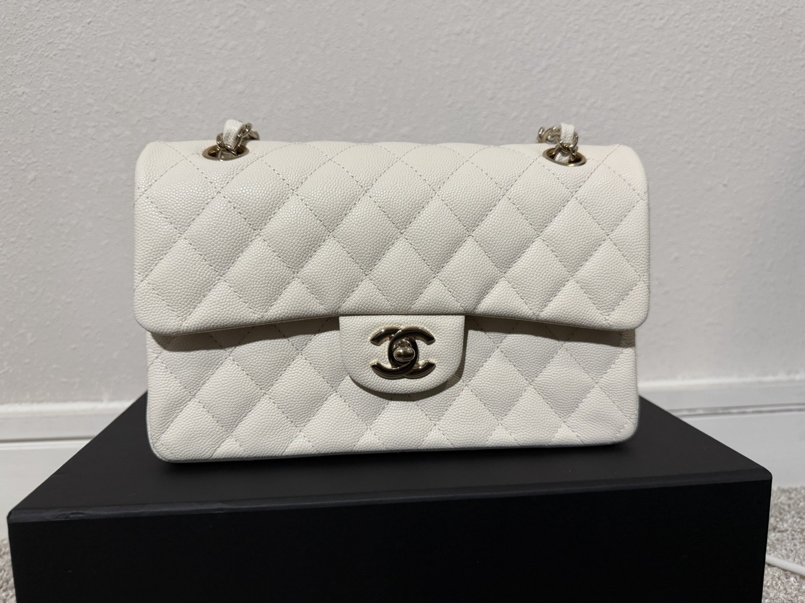 22C Chanel Classic Small Double Flap in White Caviar Champagne Gold Hardware