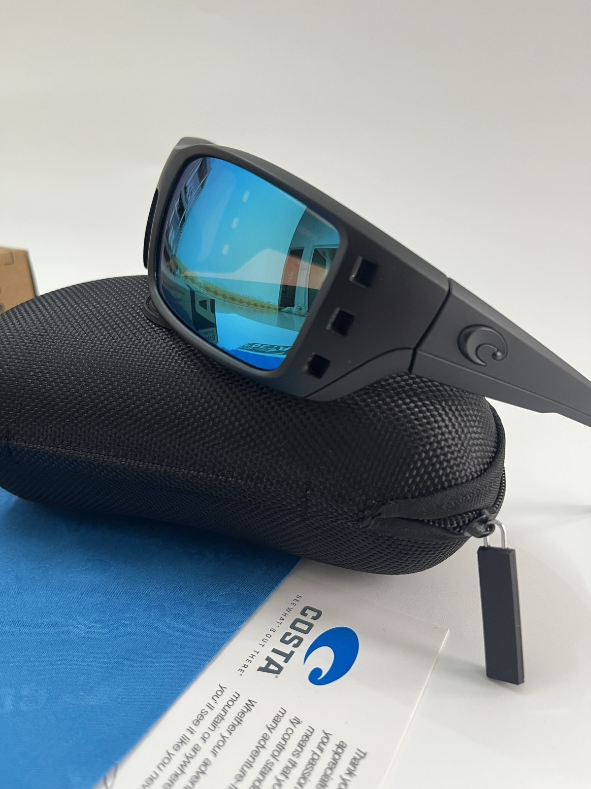 Costa COSTA 089 Men’s Wrap Sunglasses Black Frame Blue Mirrored 100% UV 580p