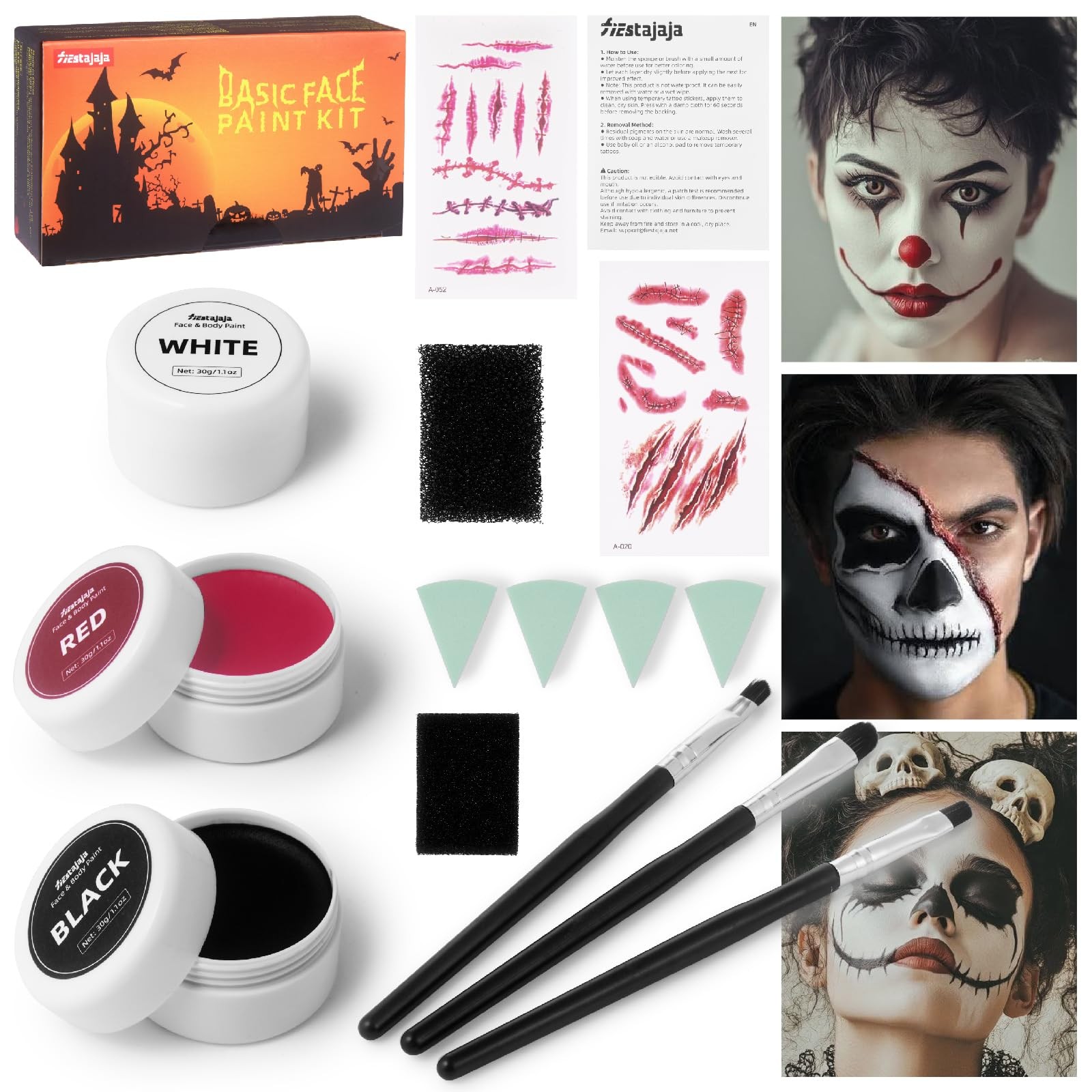 Halloween Zombie Makeup Kit, Black White Red Face Paint Body Painting Kit wit…