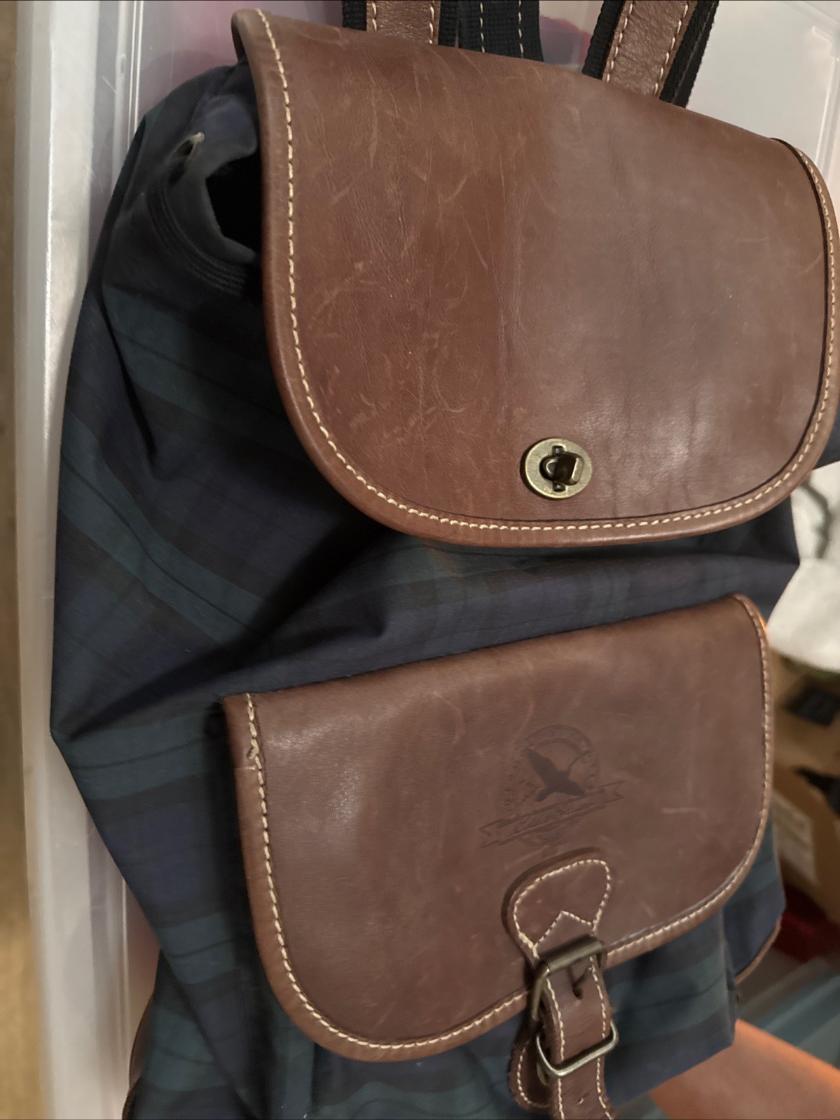 Vintage Eddie Bauer Leather Plaid Turn Lock Large Daypack Rucksack Backpack Rare