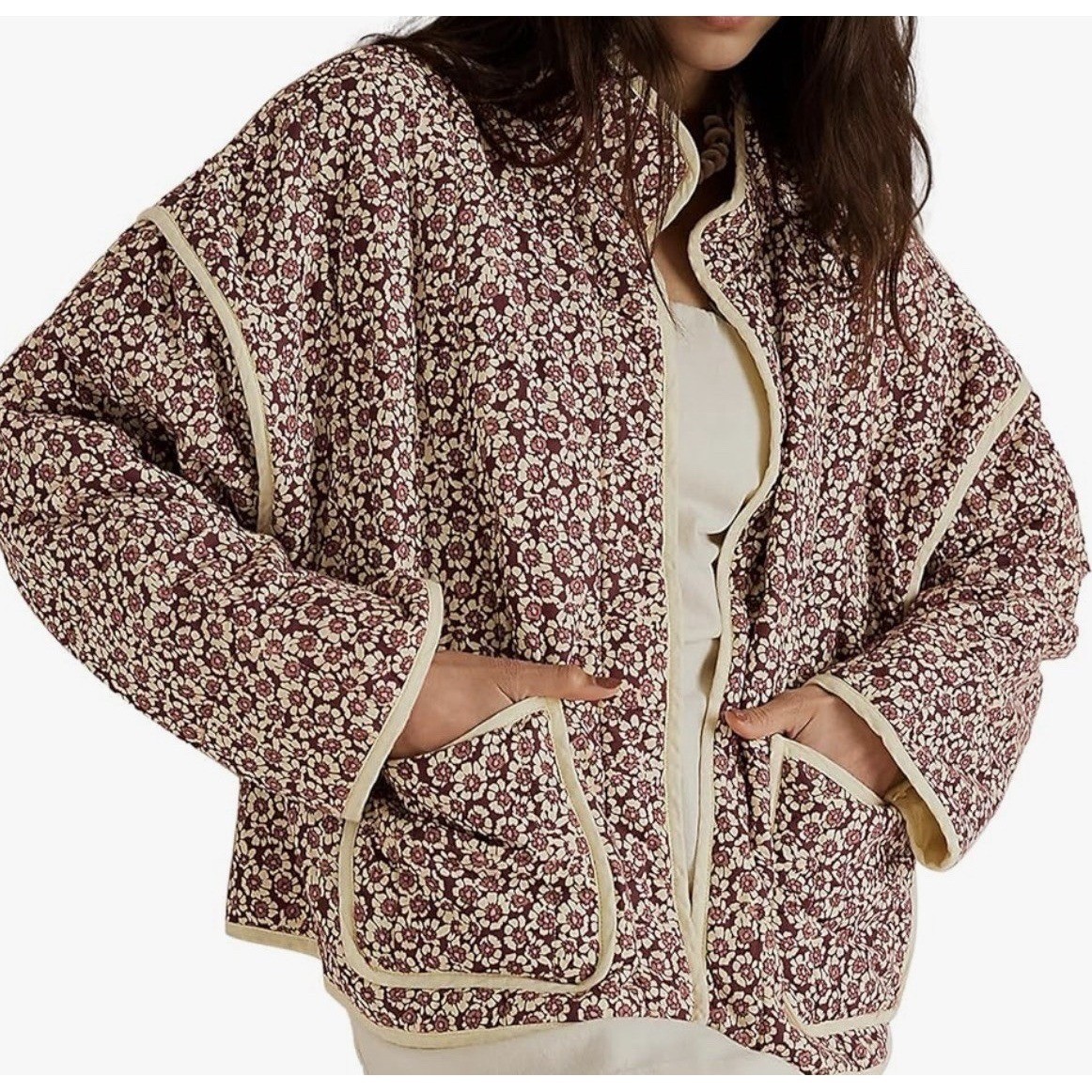 Quilted Floral Jacket Burgundy Cream Mock Neck Boxy Pockets Hook Eye Closure