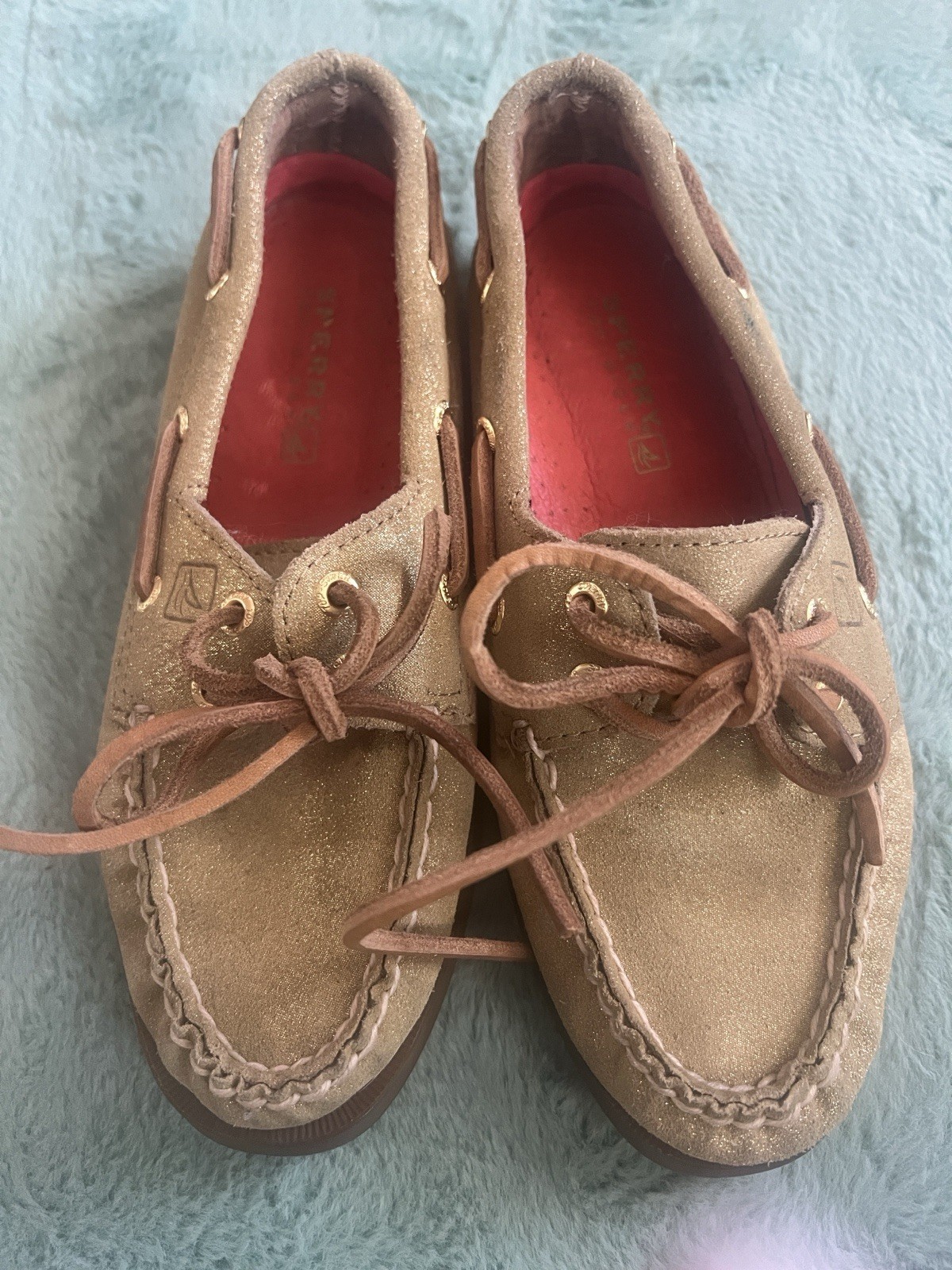 Sperry Top-Sider Women’s Leather Boat Shoes Gold Sparkly Lace-Up Non-Slip 5M