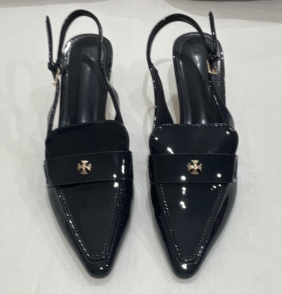 Tory Birch Navy Blue Patent Leather Pointed Toe Slingback Heels 8.5 Buckle Chic