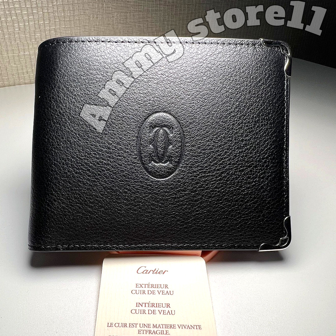 CARTIER Black Leather Bifold Wallet Palladium Corner Hardware Men’s Rare