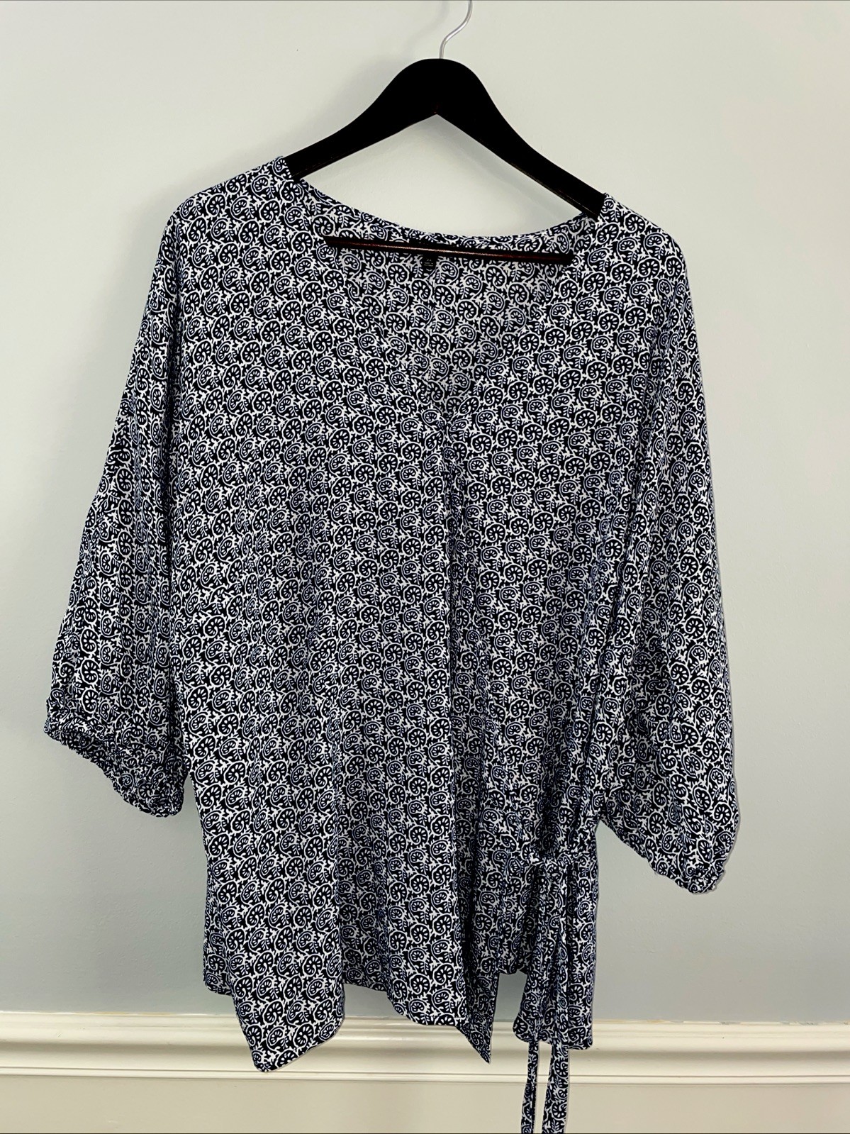 Talbots Faux Wrap Top Spot Print Long Sleeve Blouse Blue White Plus 2x