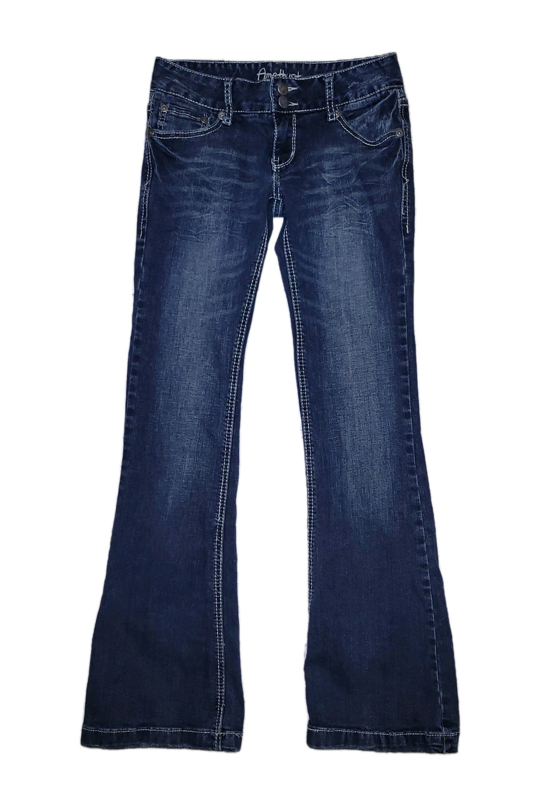 Amethyst Women’s Dark Wash Flared Jeans, Flap Pockets, Buttons & Zipper 31″ L