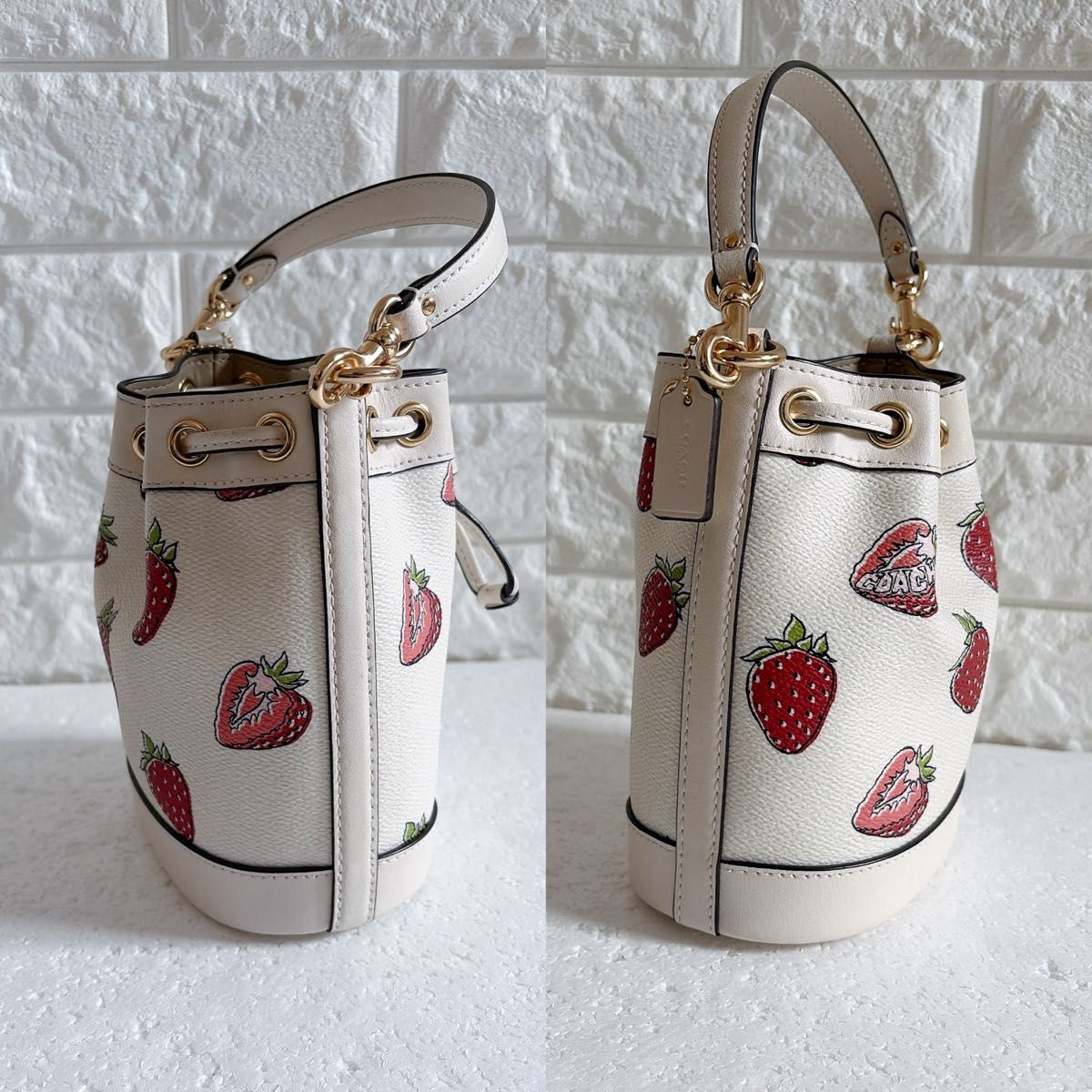 COACH CAL11 Mini Bucket Bag Strawberry Print Canvas Leather White/Red 14×16.5×9