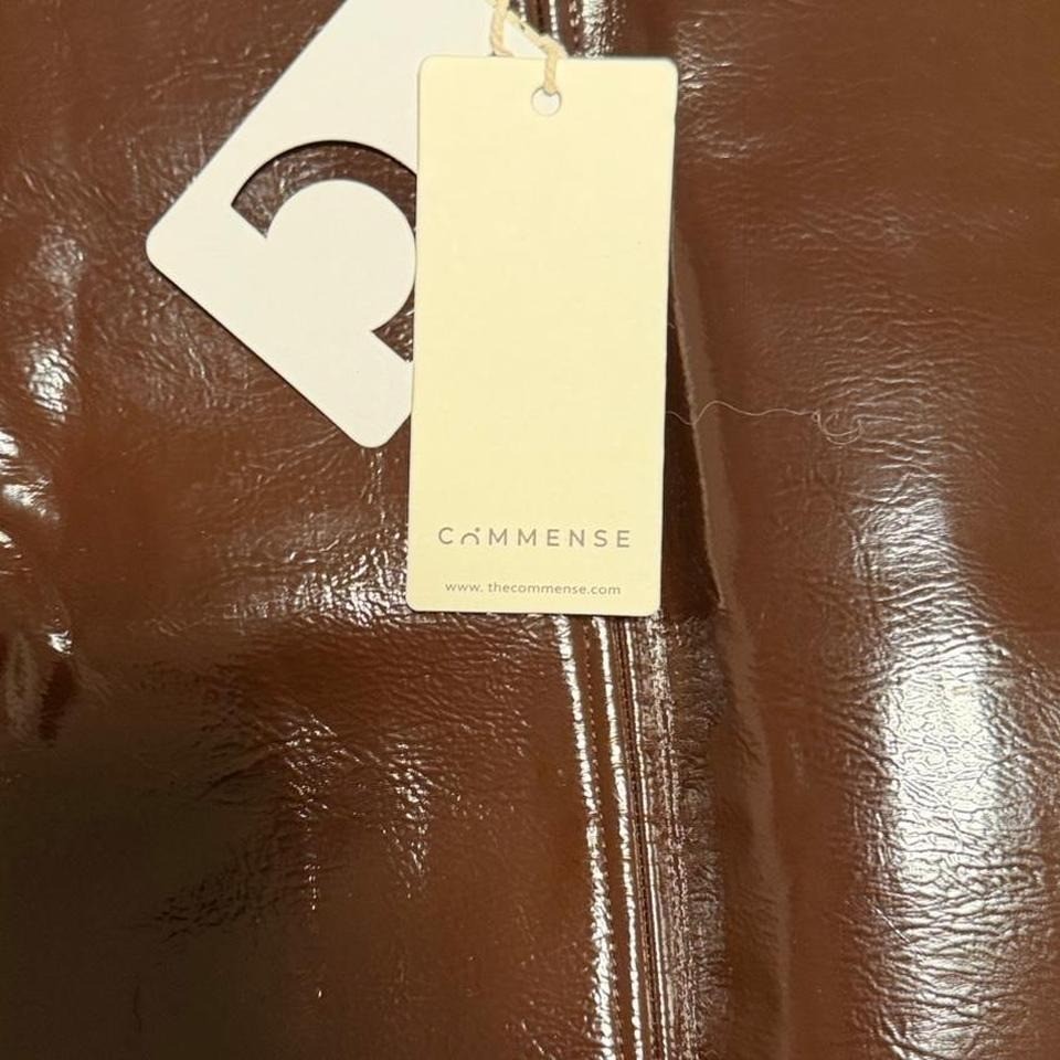 Common Sense Brown Faux Leather Mini Skirt XL A-Line Front Zip Pockets Shiny