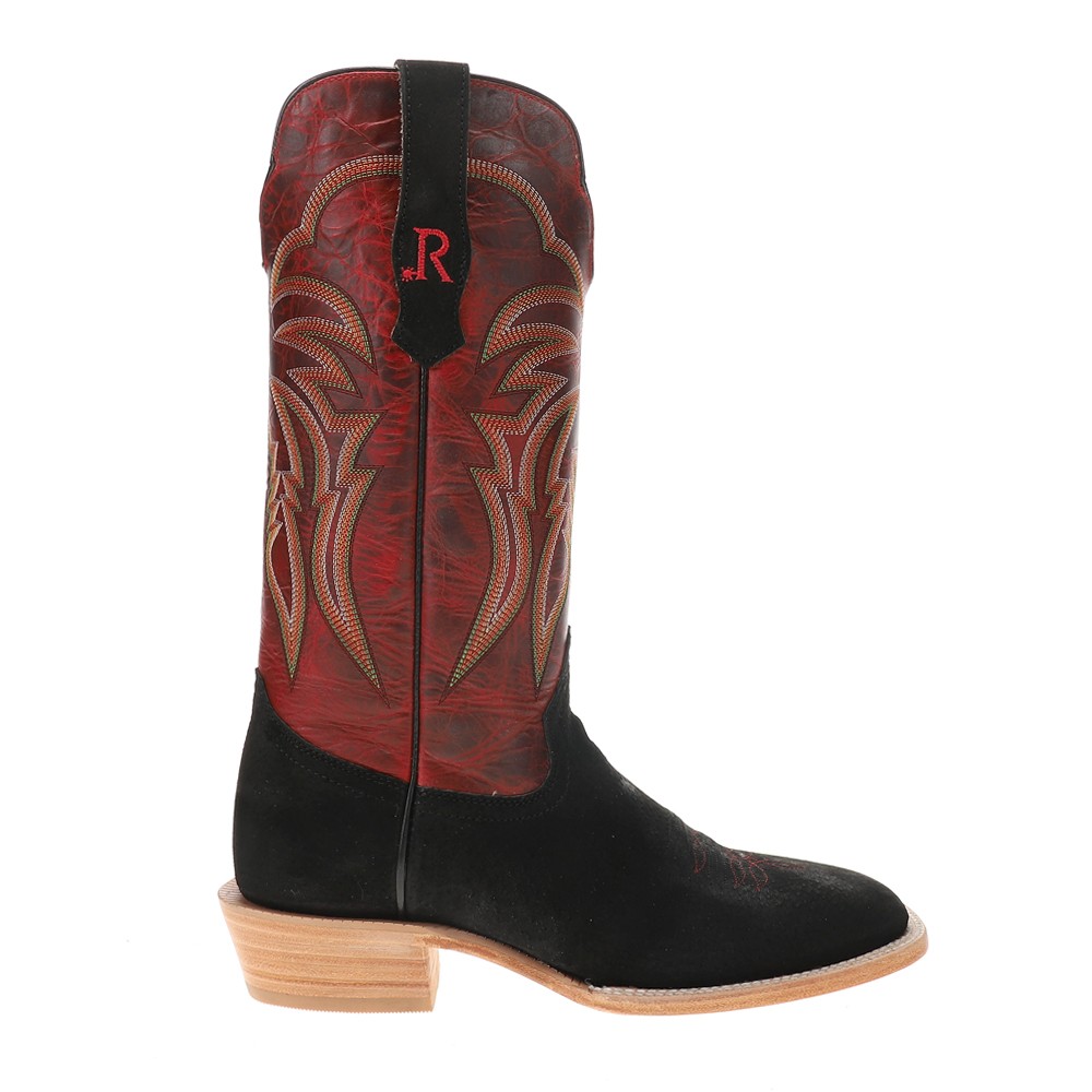 R. Watson Boots Roughout Wide Embroidered Square Toe Cowboy Mens Black, Red Cas
