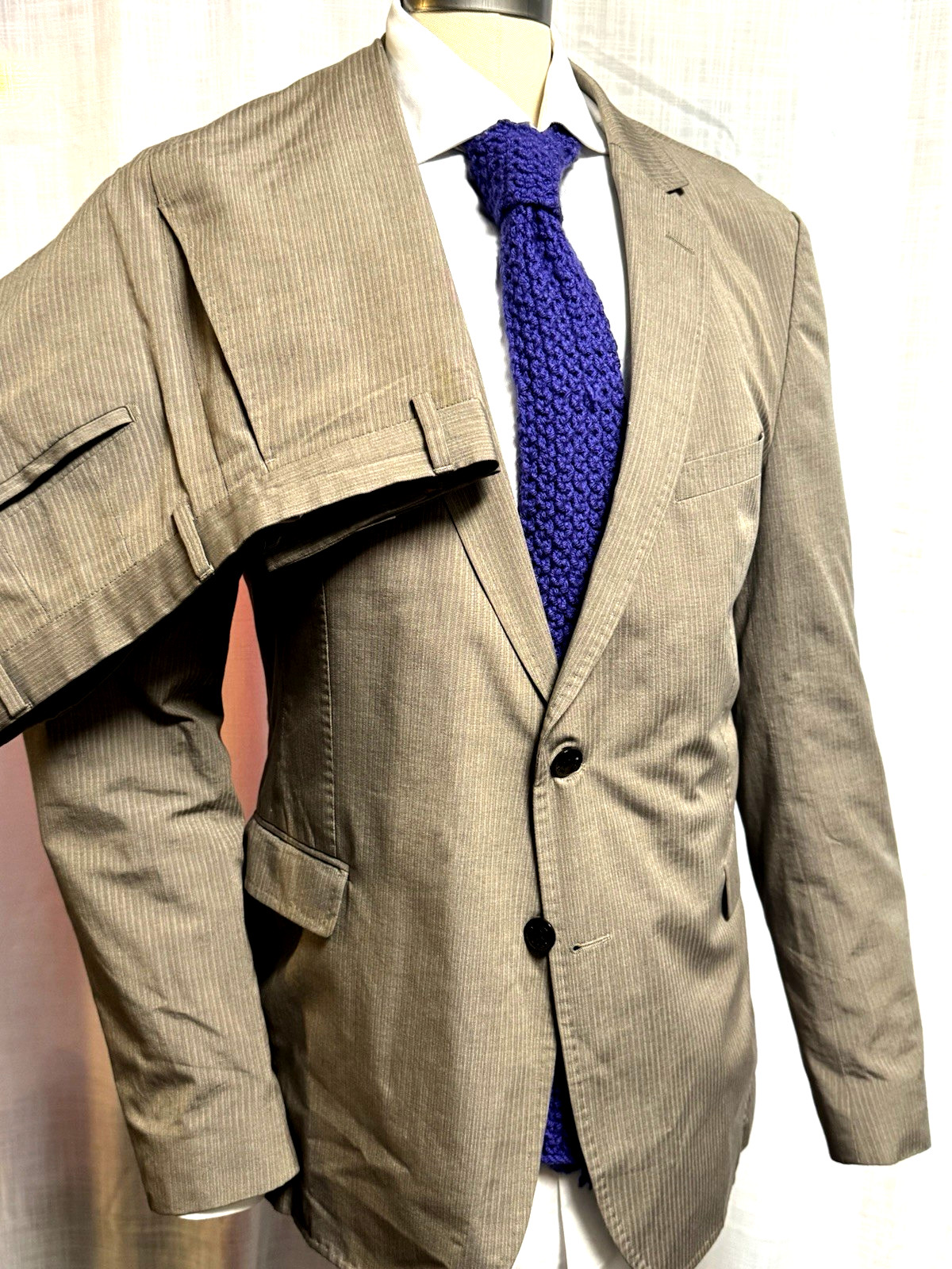 STRELLSON Men Suit Side Vents BEIGE COTTON No Pleat 40R 2 BUTTON 1/2 SLIM*
