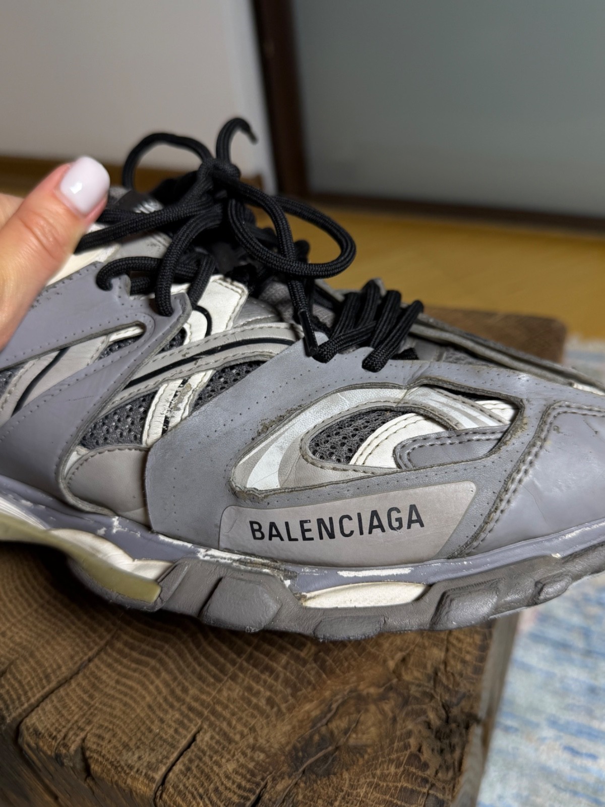 Balenciaga Grey/White Mesh and Leather Track Sneakers Size 43EU