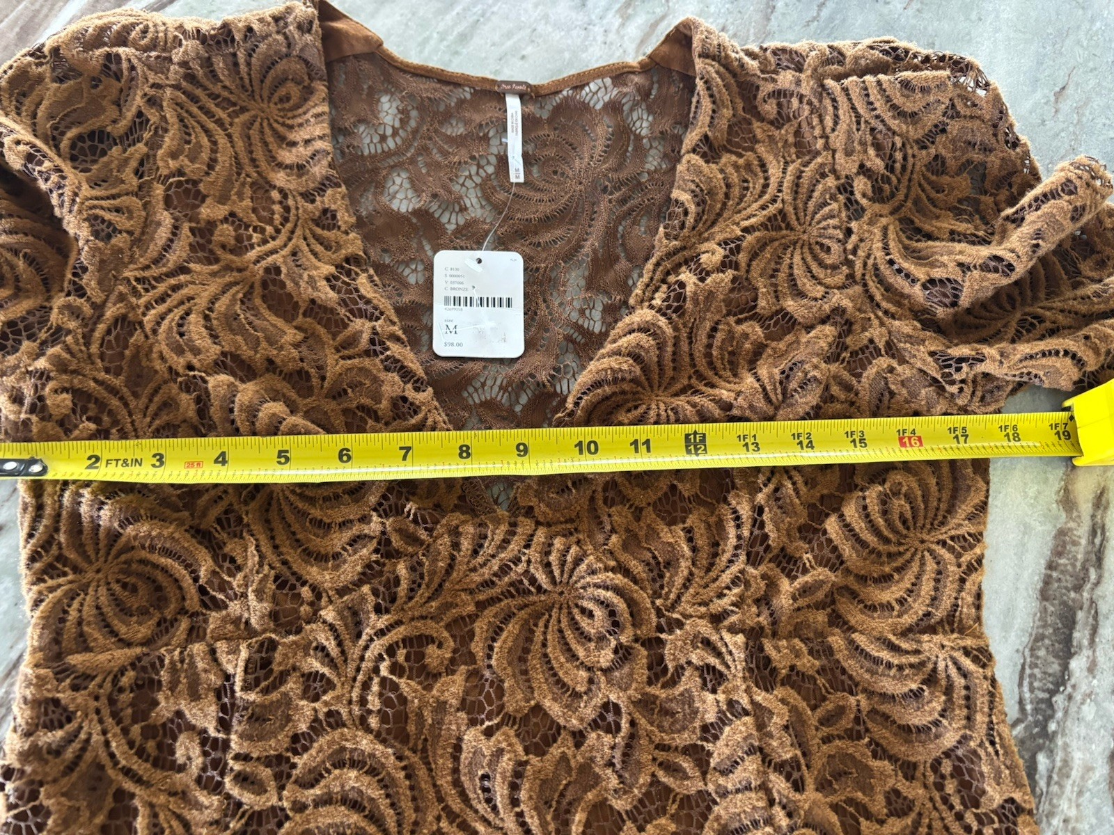 🤎Free People Lace Dress Medium Brown Caramel Floral Sheer Sleeve Boho Romantic