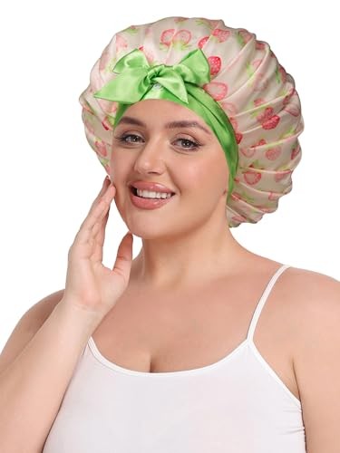 Pleated Silk Sleeping Bonnet with Eye Mask Double Layer Pink Green Strawberries