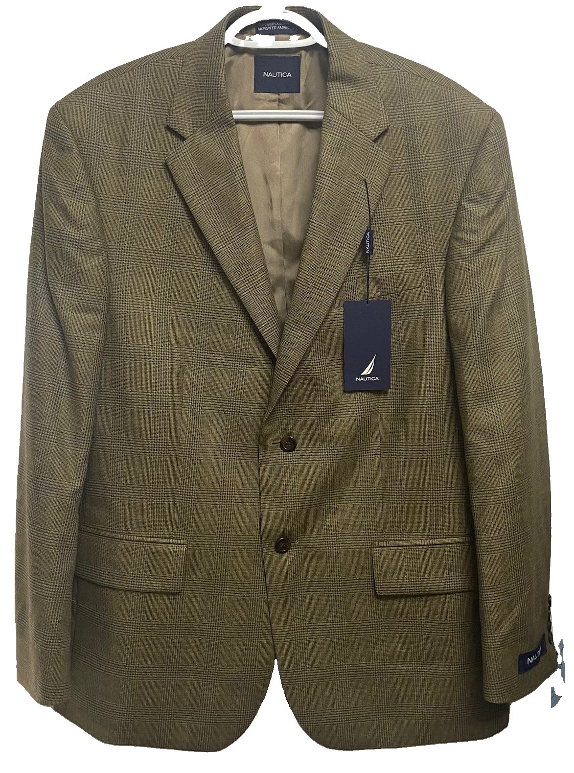 Nautica Men 100% Wool Sport Coat Blazer Olive Green Plaid Jacket 44R NWT $200