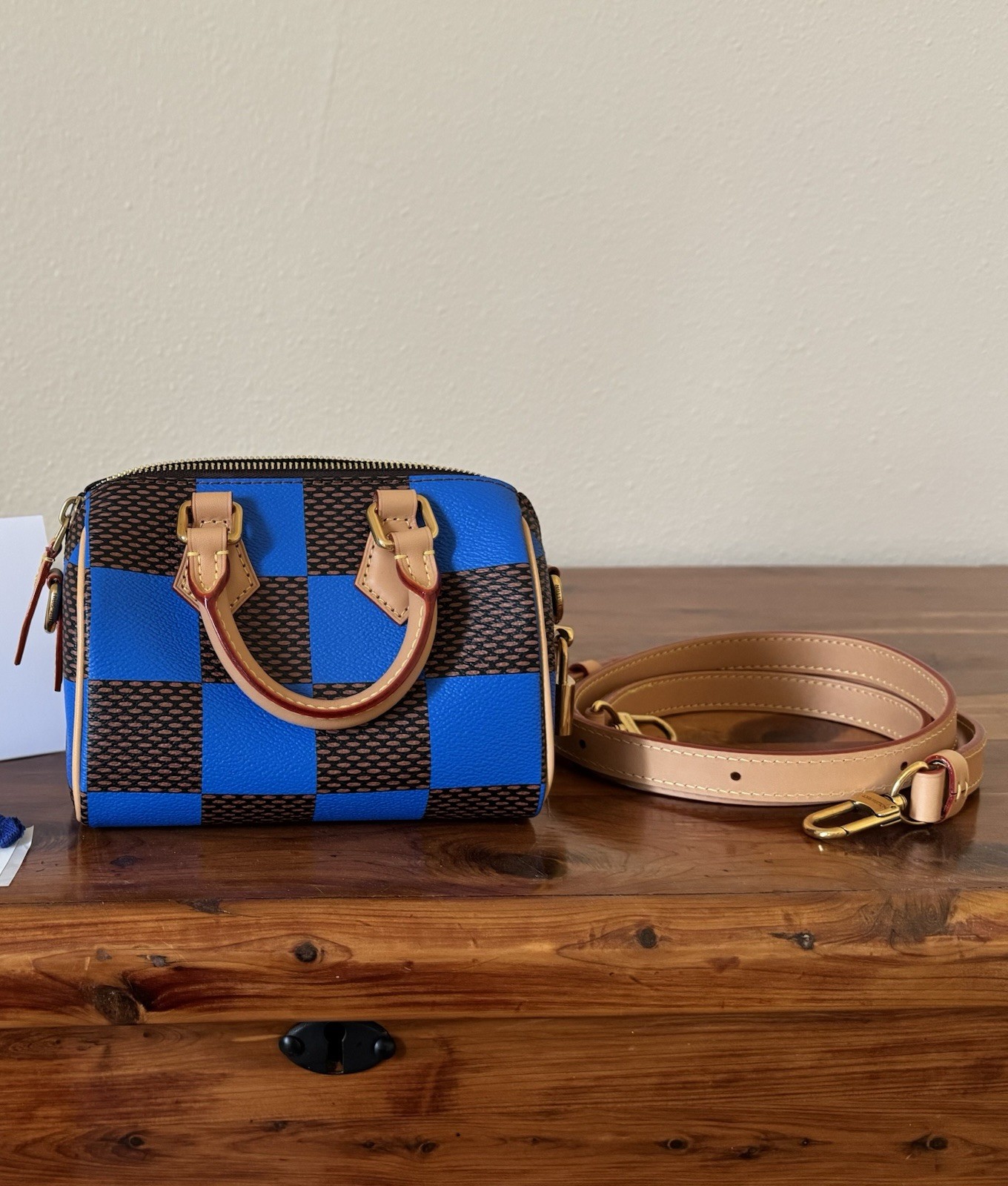 Louis Vuitton Nano Speedy Blue Brown Checkered Satchel w/ Strap, Dust Bag