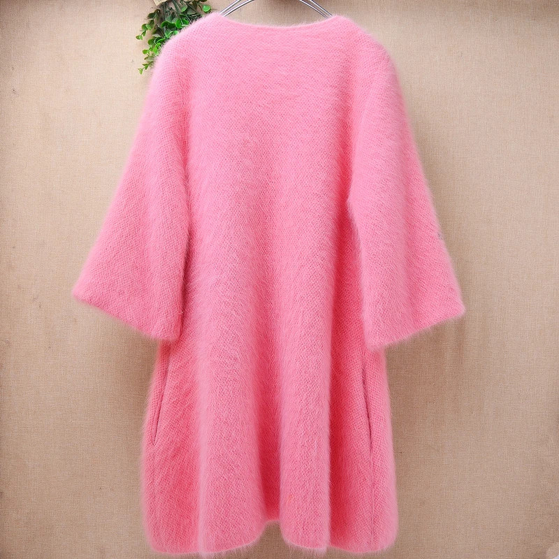 Women Thick Beading Angora Rabbit Fur Half Sleeves Slim Cardigans Sweater Coat