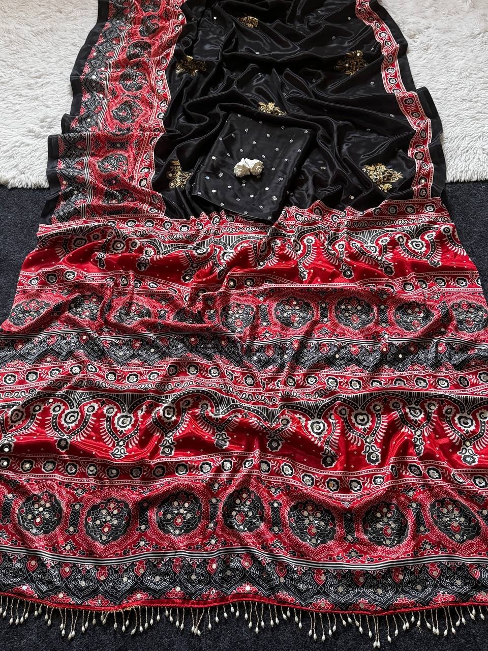 Designer Ajrakh Print Saree Blouse Mirror Work Tassel Pallu Ethnic Party Wear