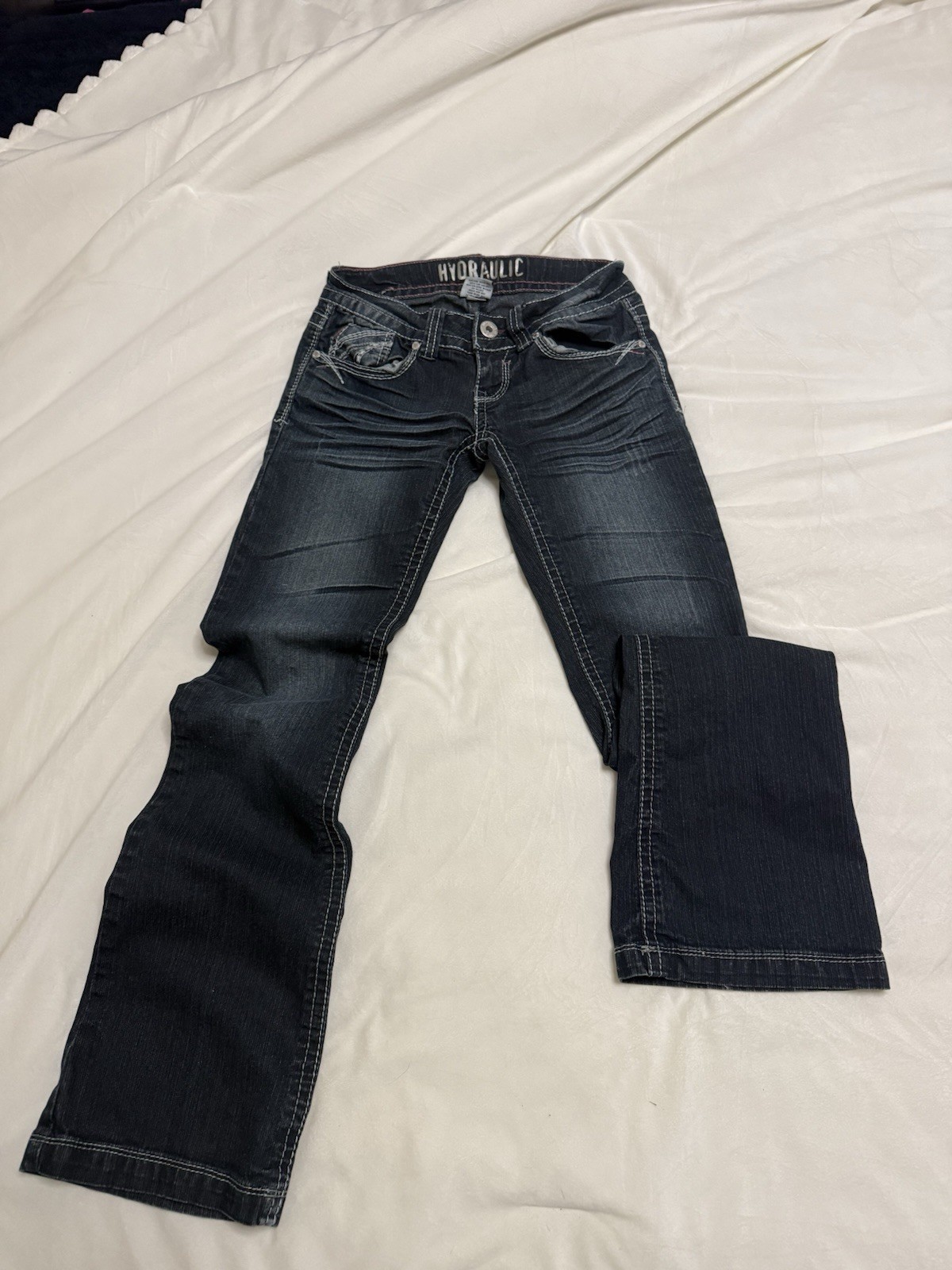 Vintage Hydraulic Women’s Dark Wash Bootcut Jeans Red Seams Low Rise Size 1/2