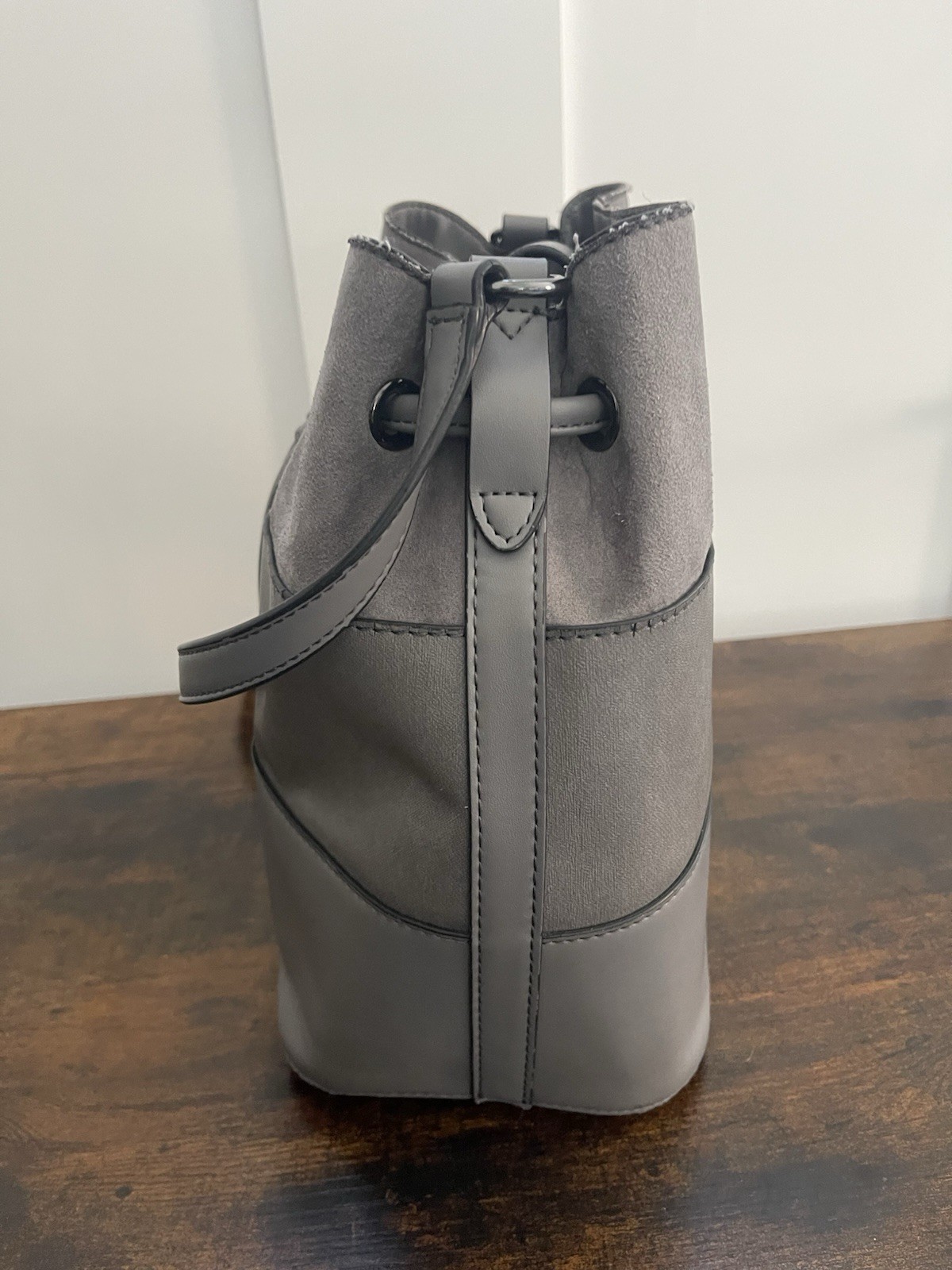 Calvin Klein Gray Drawstring Bucket Crossbody Bag Adjustable Strap Silver Logo