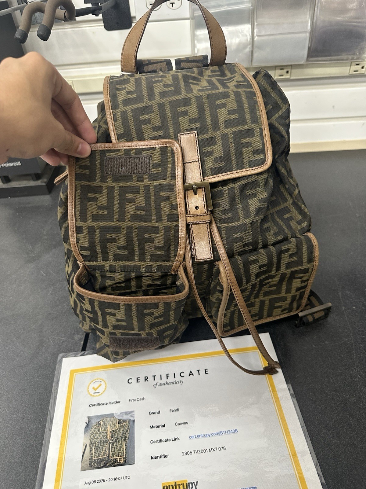 Fendi FF Monogram Backpack Brown/Black Buckle Closure Adjustable Strap Gold