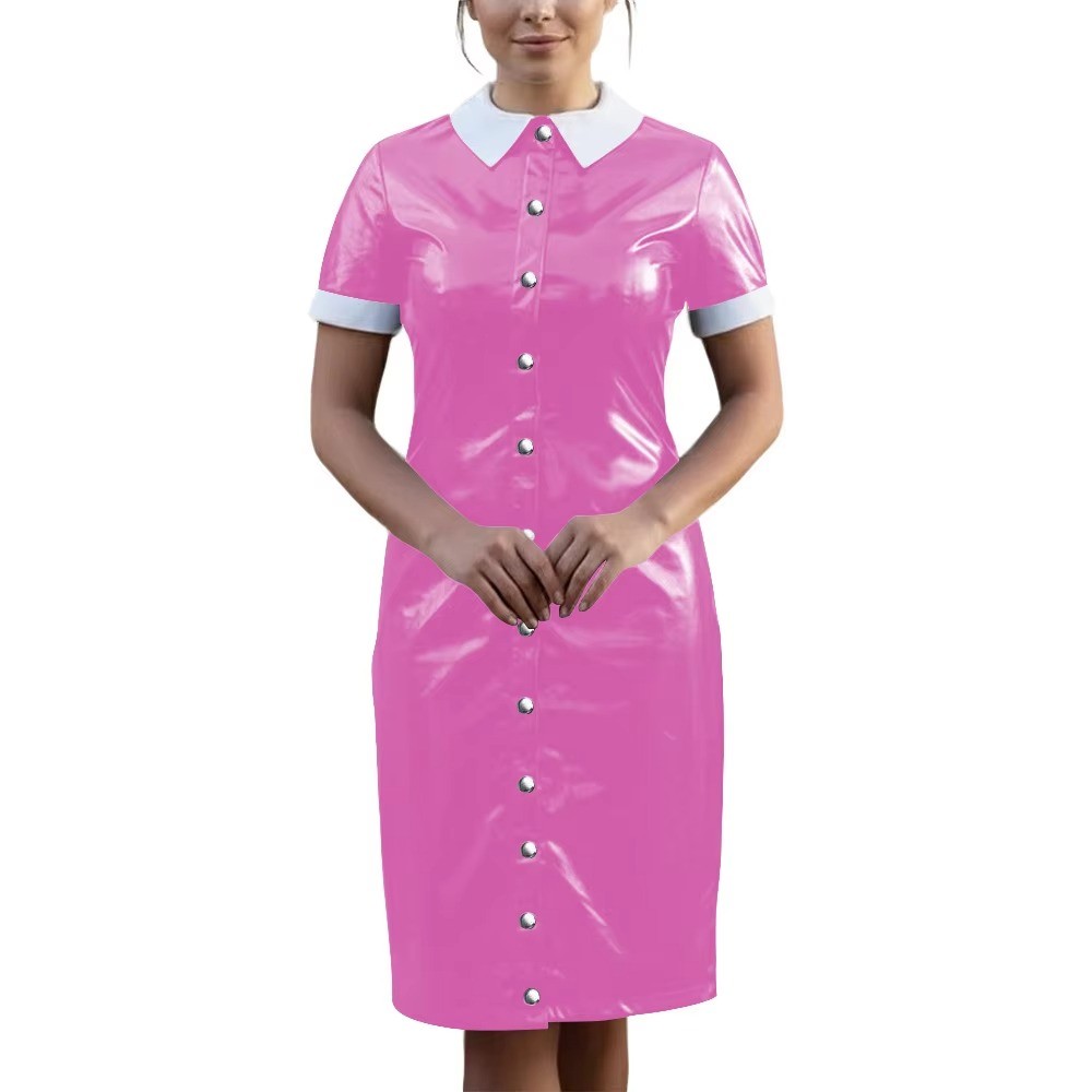 Vintage Wetlook PVC Leather Party Uniform Club Vestidos Bodycon Midi Dress