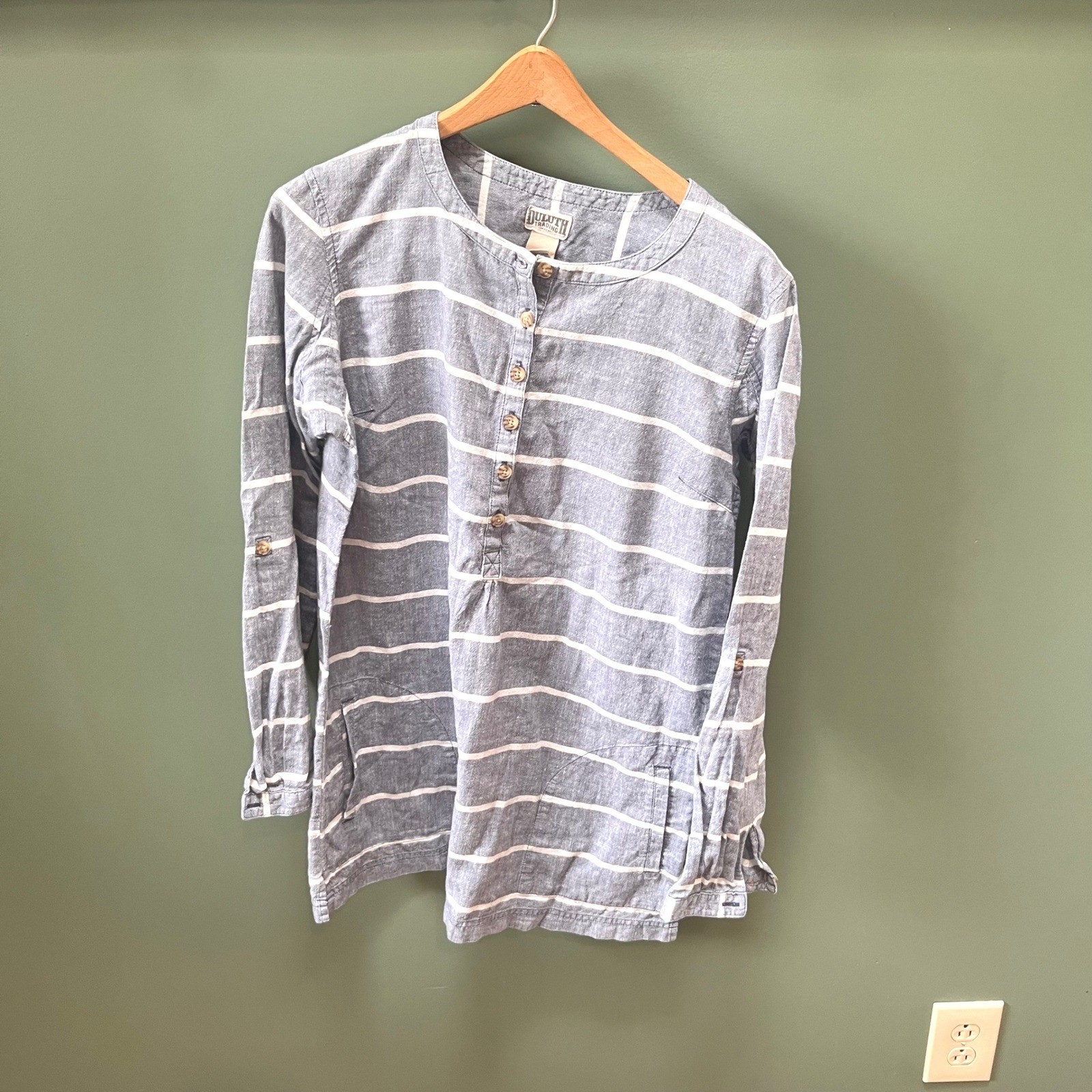 Duluth Trading Co Womens Blue White Striped Hemp Cotton Henley Tunic Top Size M