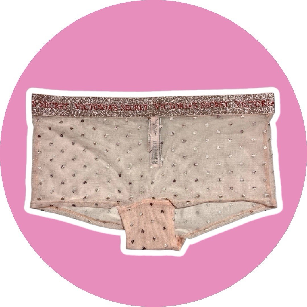 Victoria’s Secret Boy Shorts Pink Mesh Foil Hearts Glittery Logo Size Small- NWT