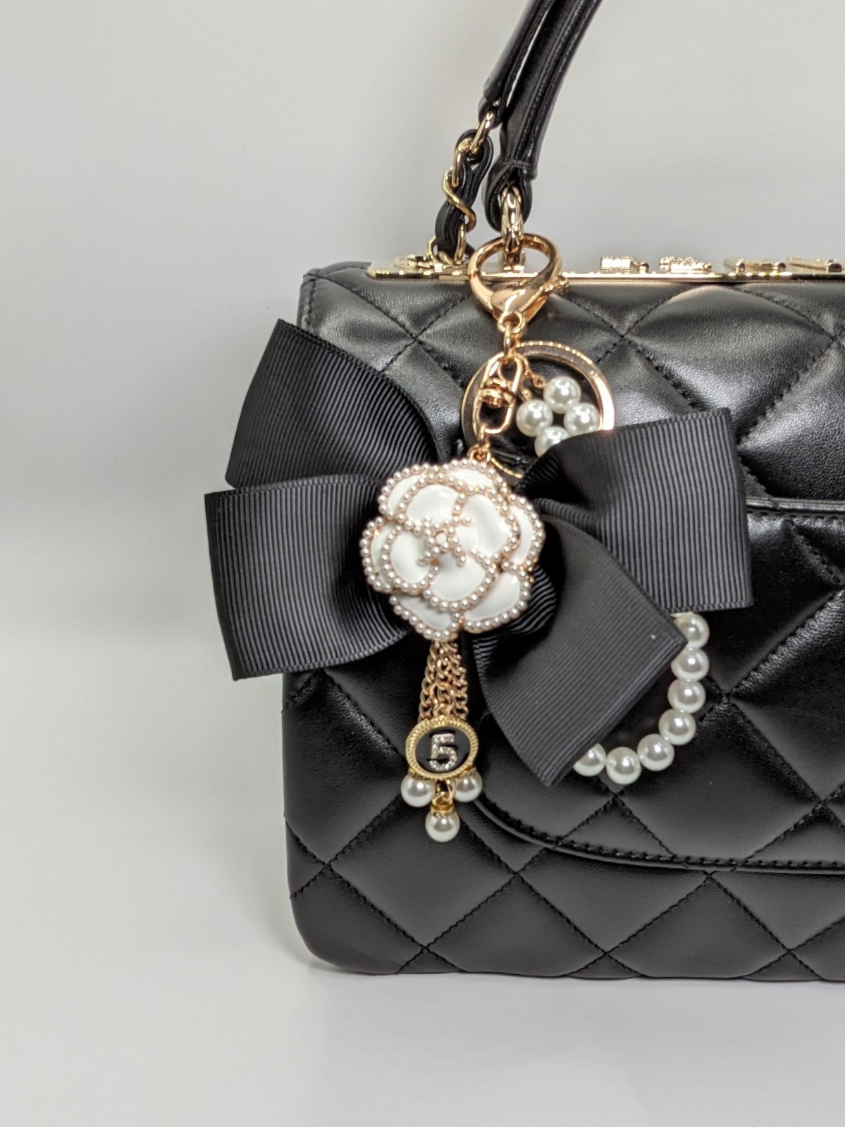 Camellia Bag Charm & Rhinestones – Black Bow & Faux Pearl | Stocking Stuffer