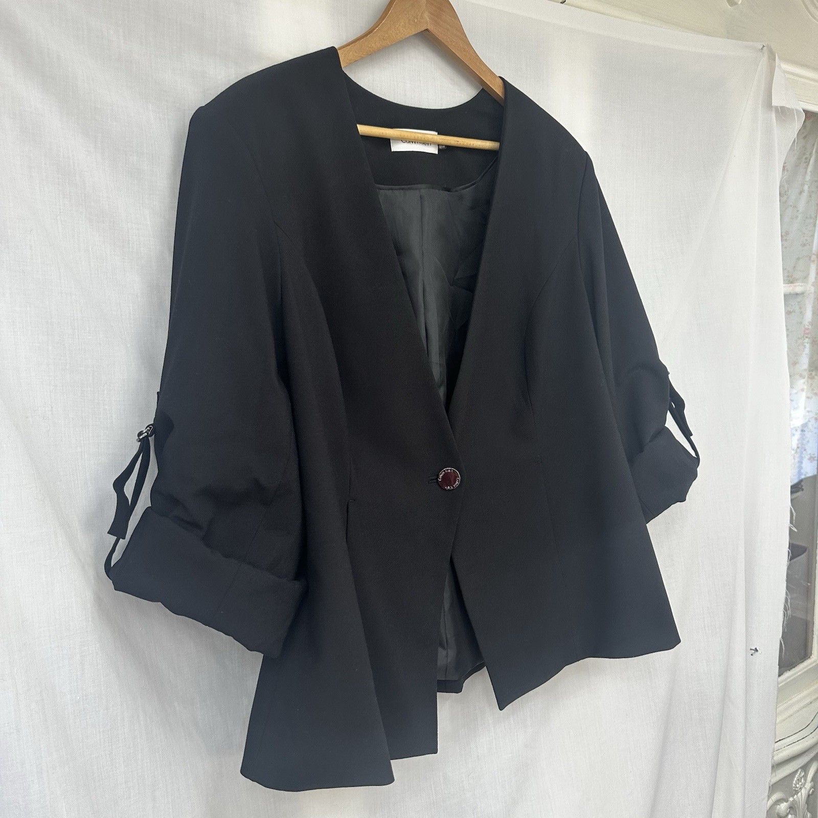 Calvin Klein Women’s 18 W Black Collarless 3/4 Sleeve Suit Jacket One Button