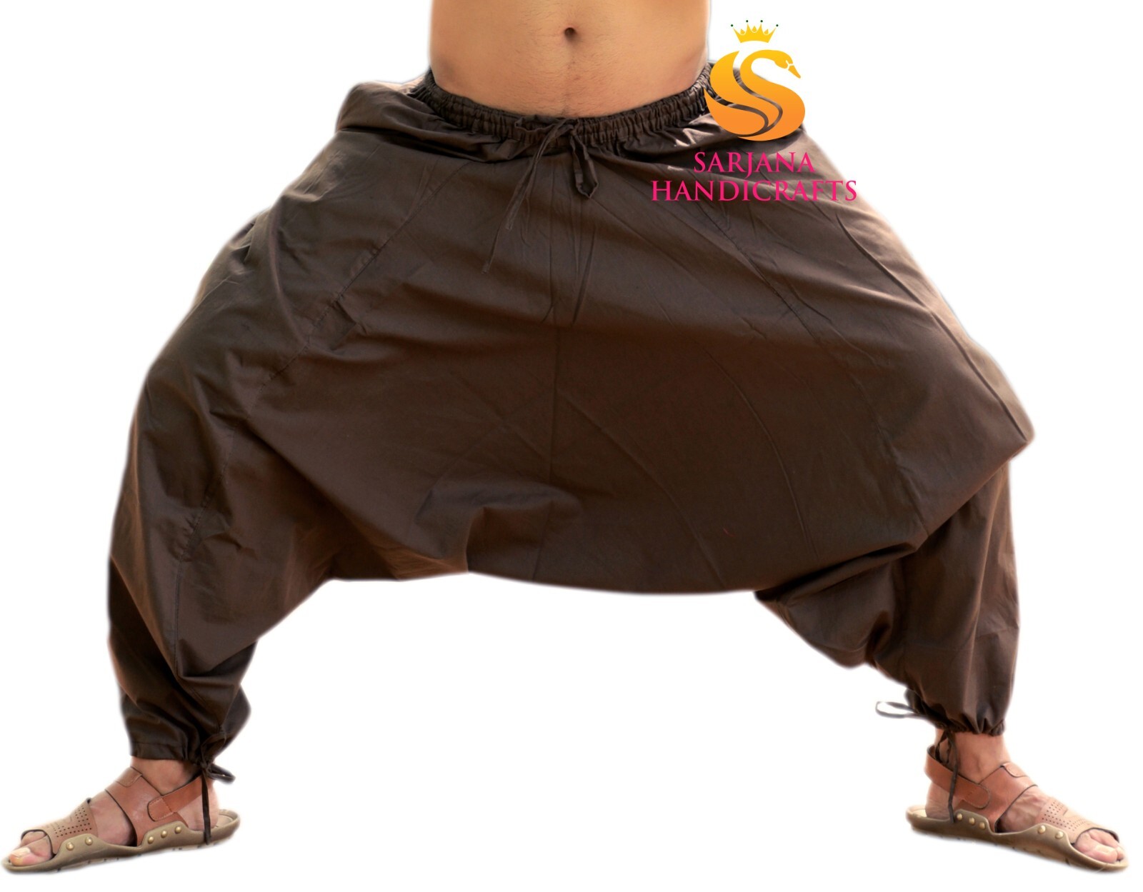 Men Women Cotton Solid Brown Harem Pants Gypsy Hippie Drop Crotch Trouser Genie